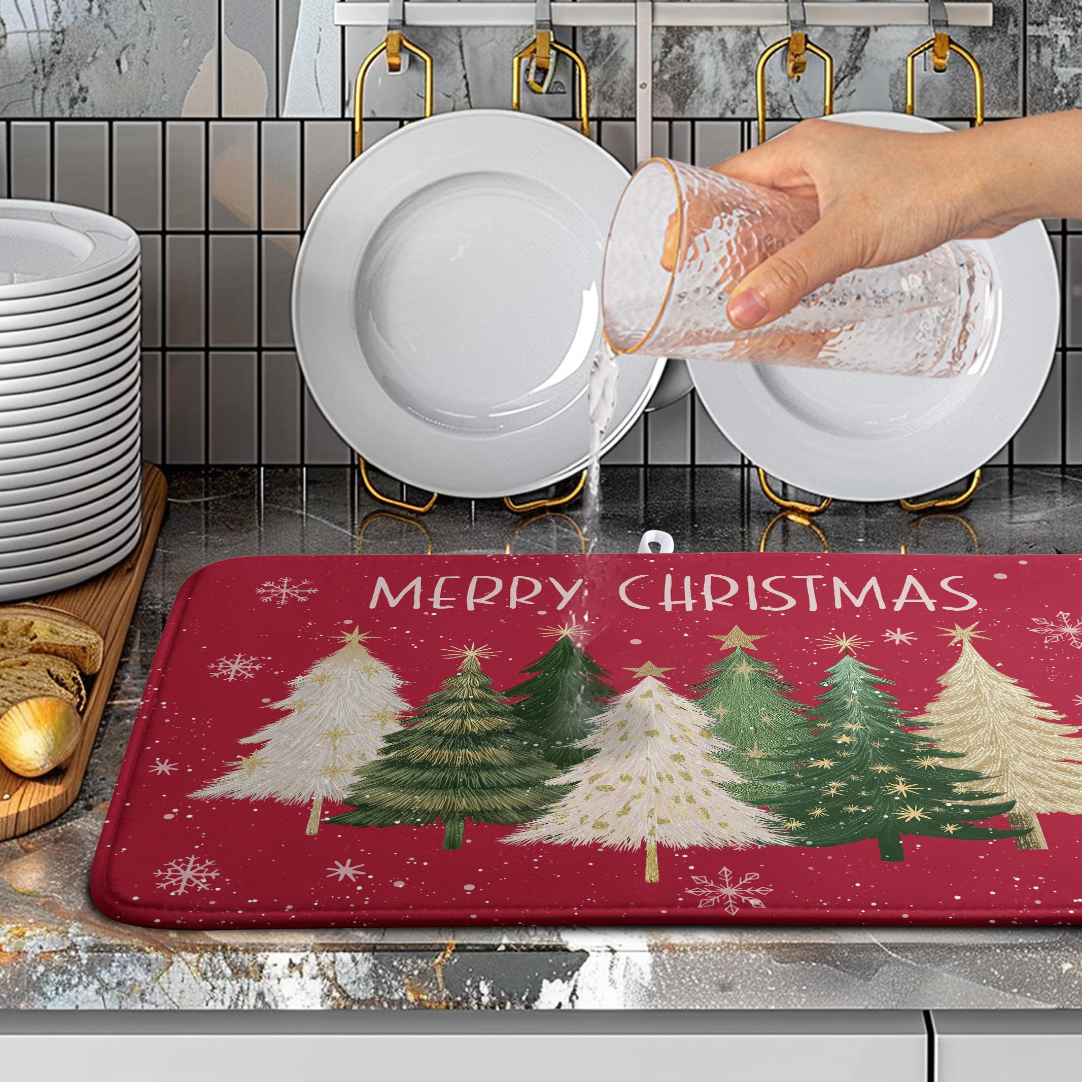 Wnoesat Merry Christmas Dish Drying Mat for Kitchen Counter 18x24 Inch Red Xmas Tree Snowflakes Drying Pad Winter Holiday Absorb