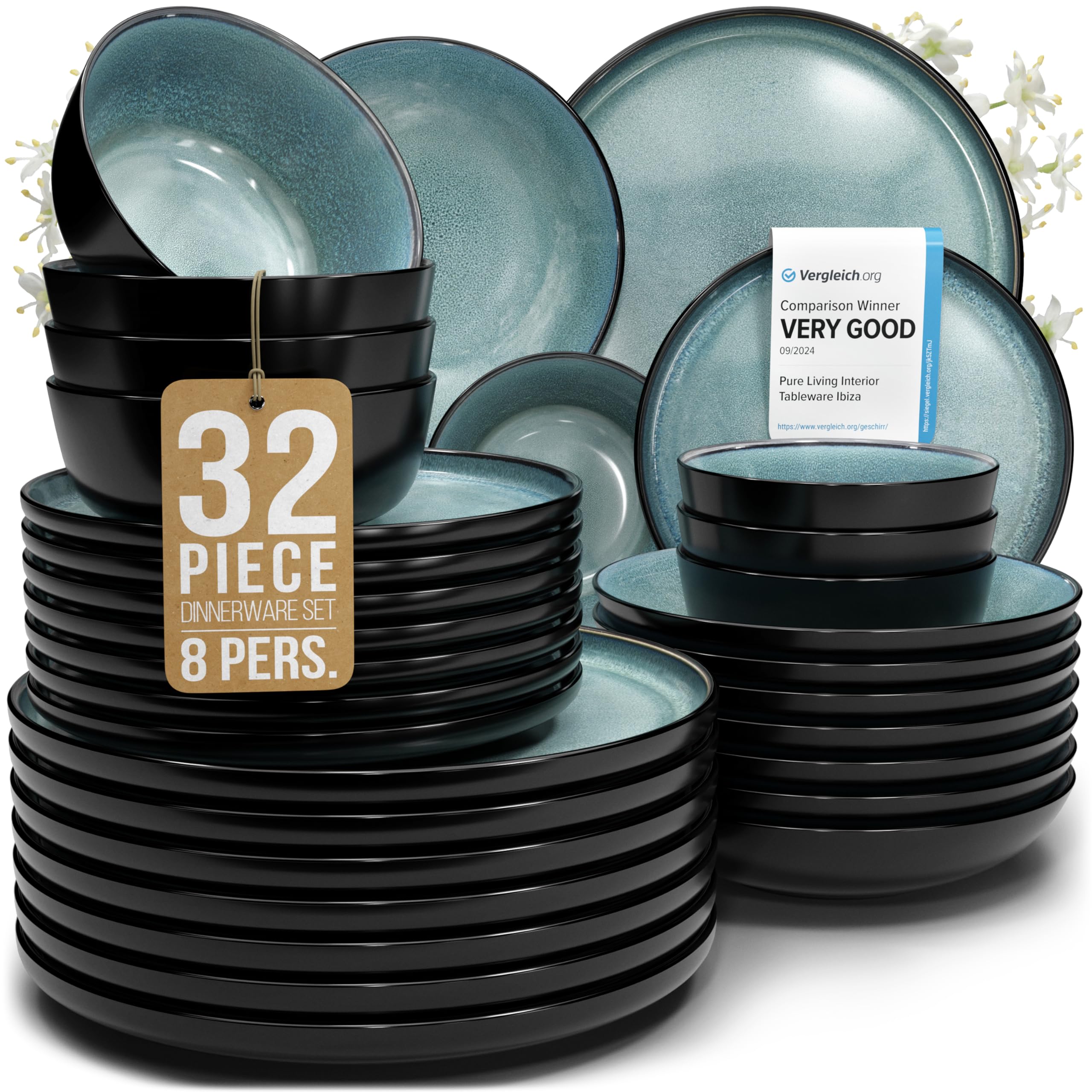 32 Piece Dinnerware Sets for 8 - Modern Style Stoneware Dinnerware Set - Scratch Resistant, Dishwasher Safe Plates and Bowls Set