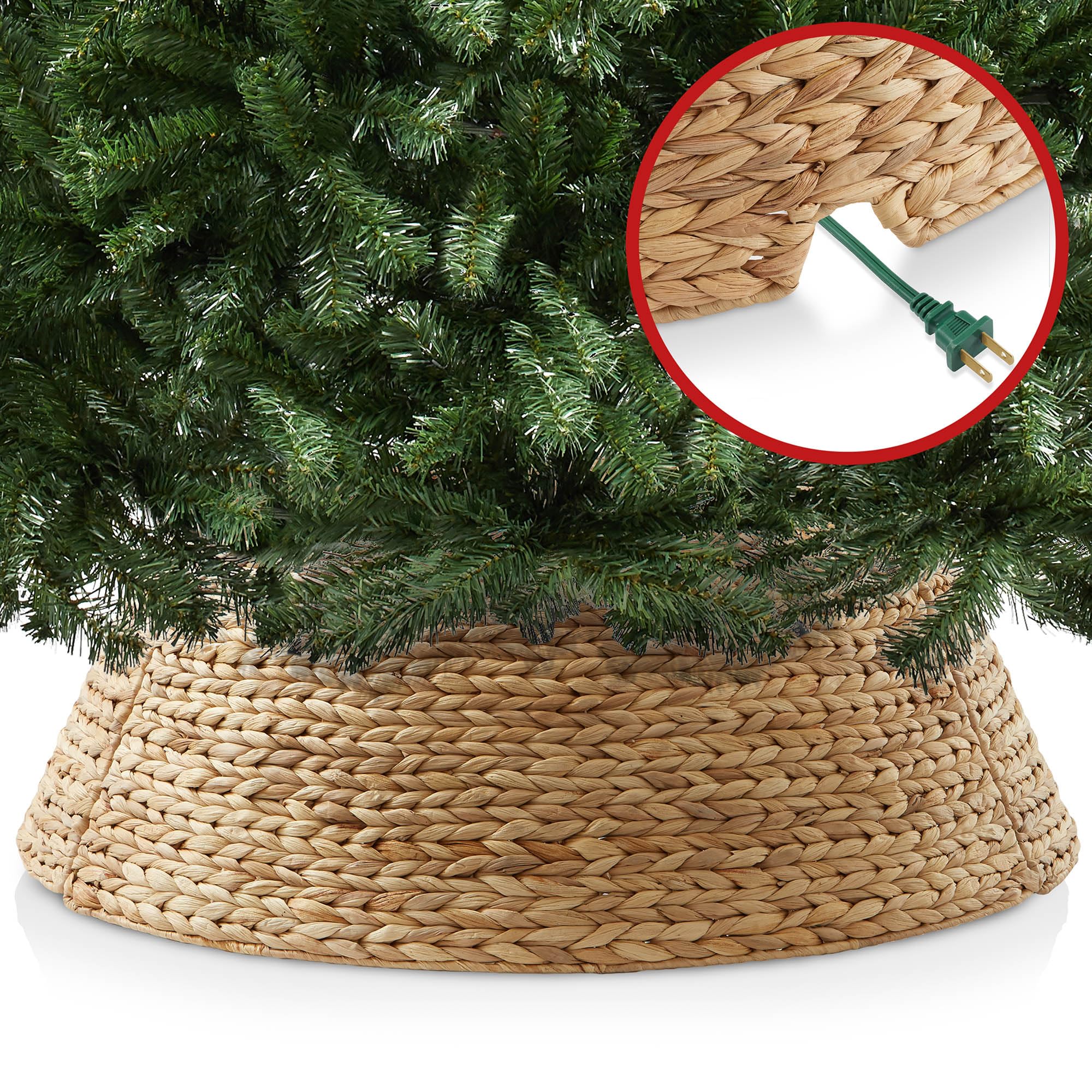 Casafield 42-Inch Christmas Tree Collar, Woven Water Hyacinth Tree Base Cover with Cord Cut Out, Natural