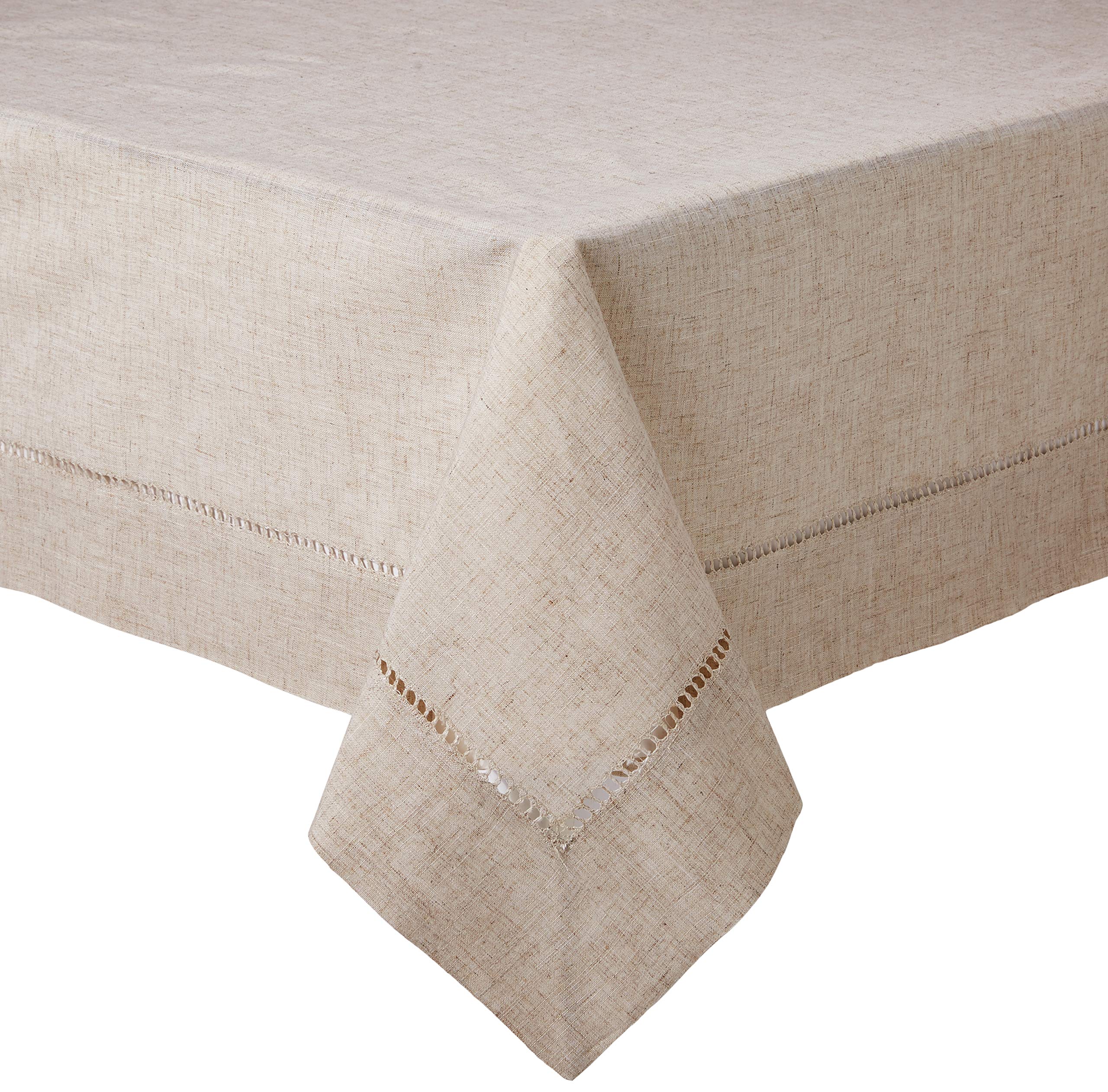 Saro Lifestyle Poly And Linen Blend Toscana Tablecloth With Hemstitch Border, Natural, 60''
