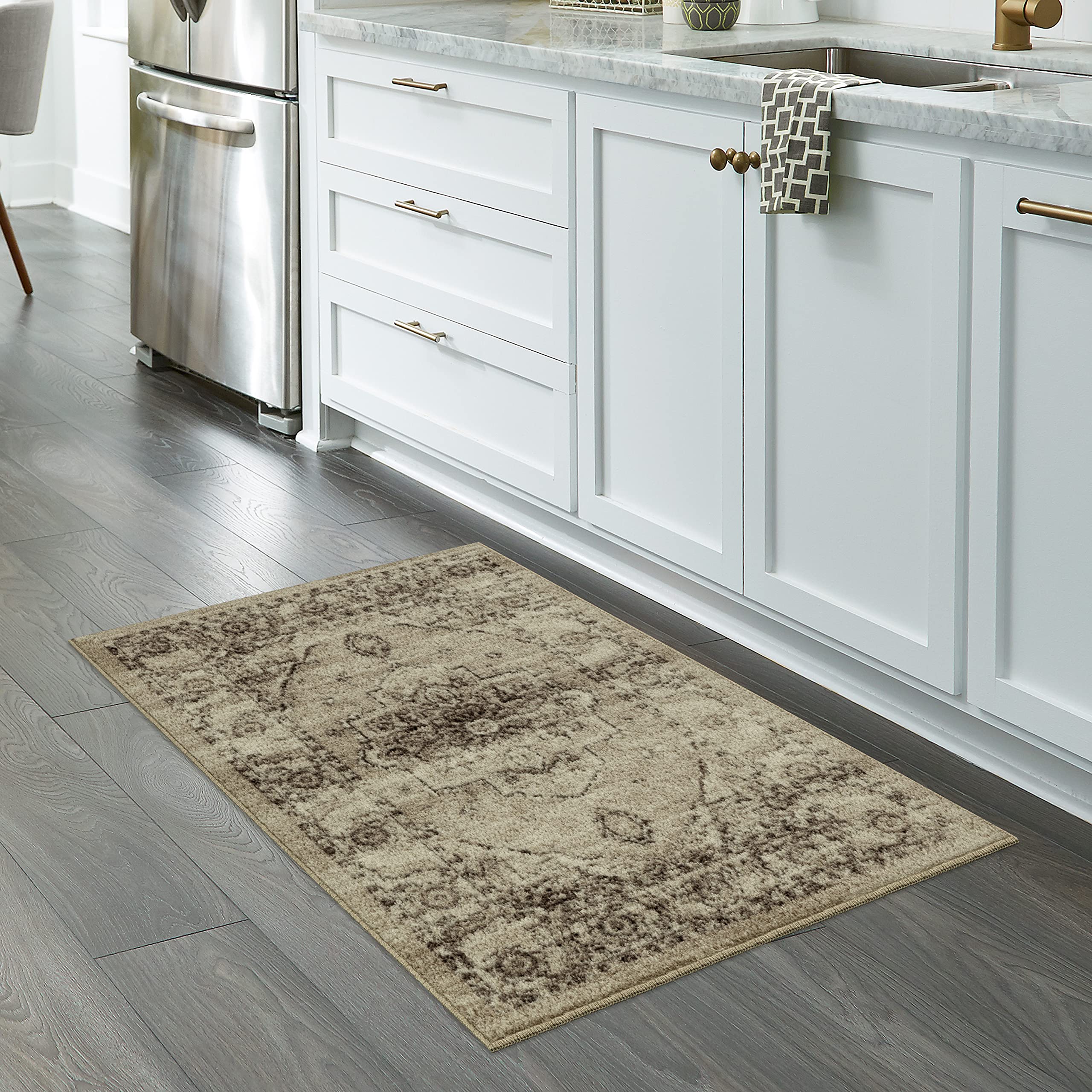Maples Rugs Distressed Lexington Kitchen Rugs Non Skid Accent Area Floor Mat [Made in USA], 26 x 310, Brown/Neutral