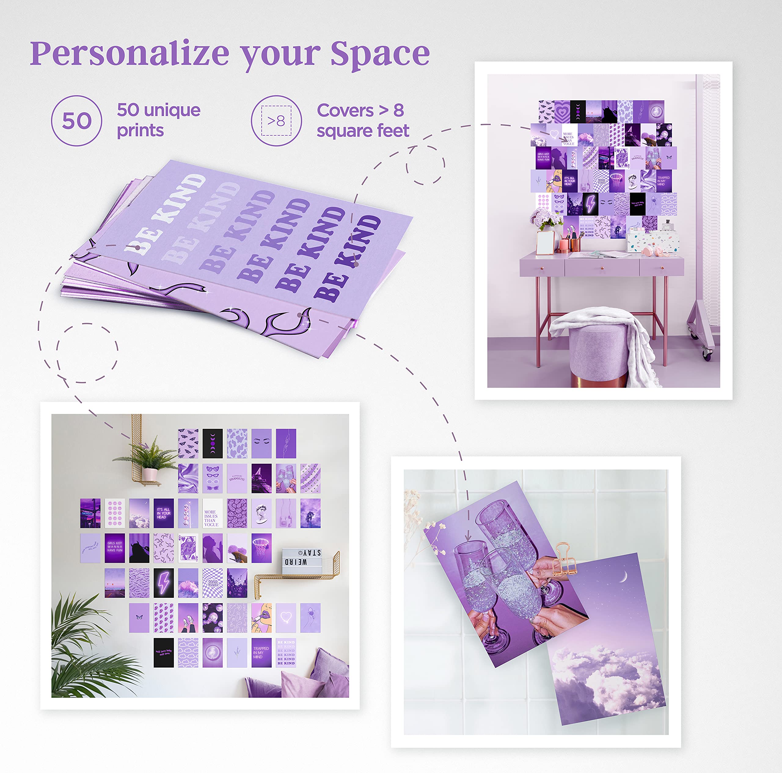 Haus And Hues Purple Wall Collage Kit - Set Of 50 Aesthetic Wall Collage Kit For Dorm Wall Decor, Purple Wall Art Photo Collage