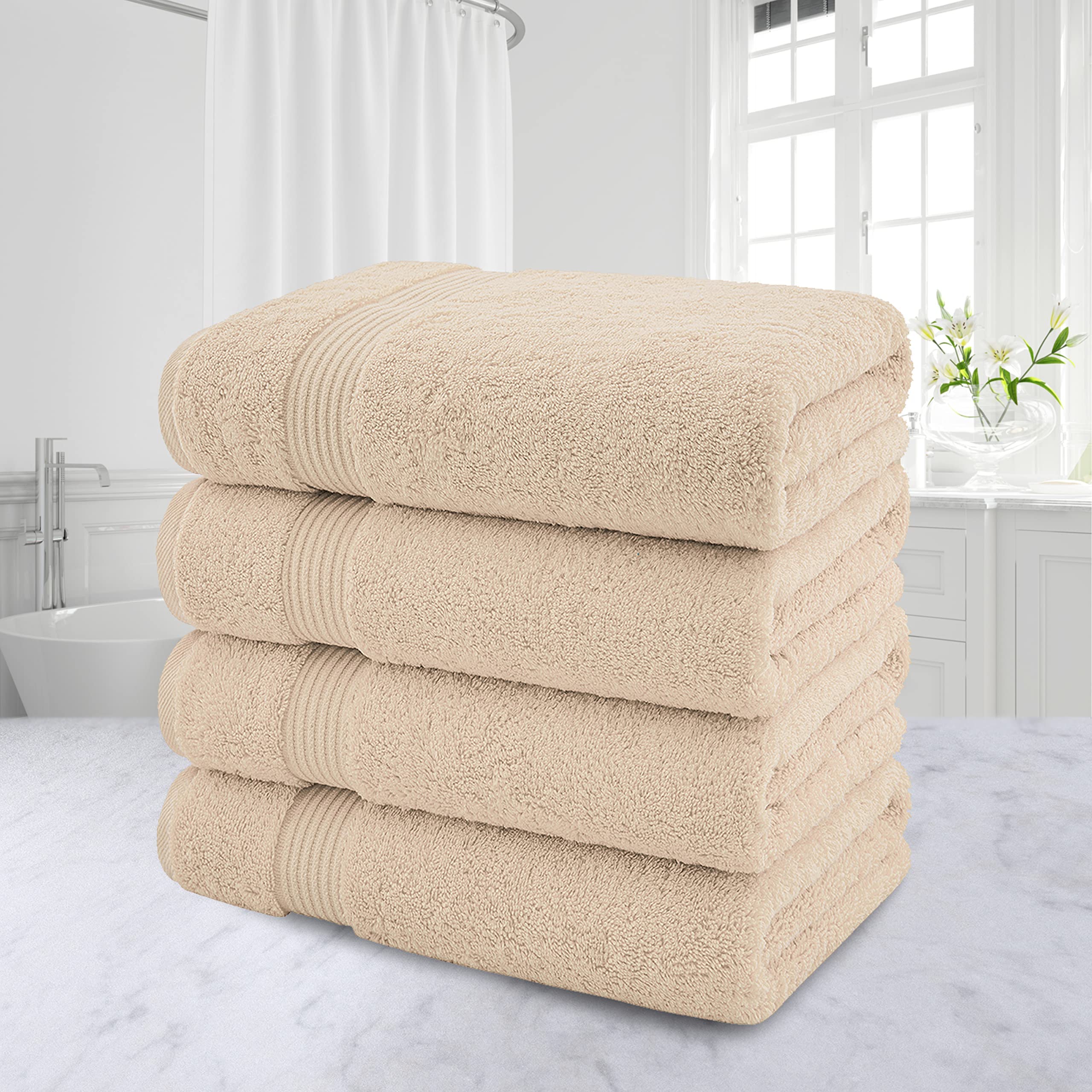 American Veteran Towel  Bath Towels for Bathroom  4 Packed 27 inch 54 inch 100% Turkish Cotton Large Bath Towels  Soft Absorbent Towel Sets  Beige Bath Towels