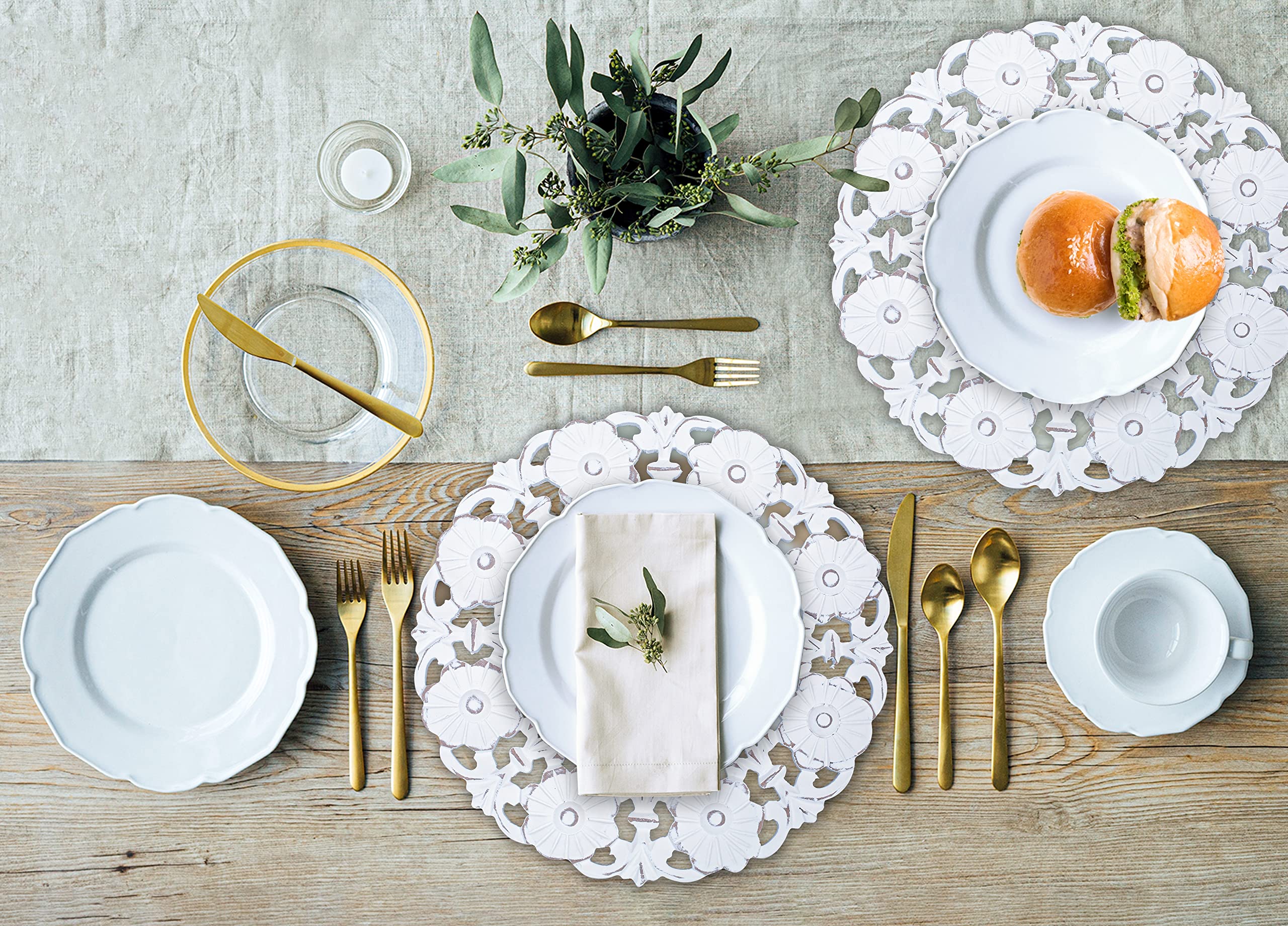 White Wood Charger For Dinner Plates Set Of 2 - Decorative Flower Design 13 Inch Round Wooden Placemat For Dining Table D  Cor/F