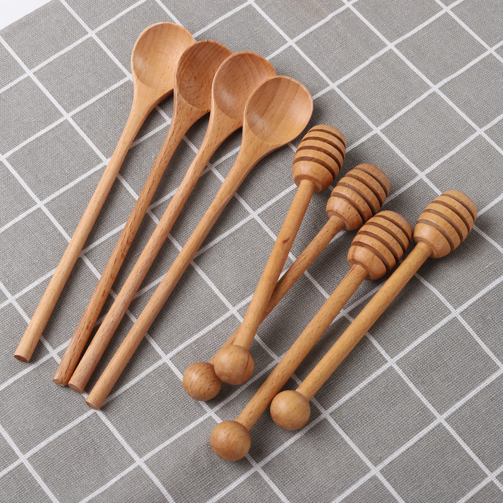 4 Pcs 6 Inch Honey Dipper Sticks And 4 Pcs 7.87 Inch Coffee Stirring Spoons, Beech Wooden Honey Spoon Stirrer For Honey Jar Disp