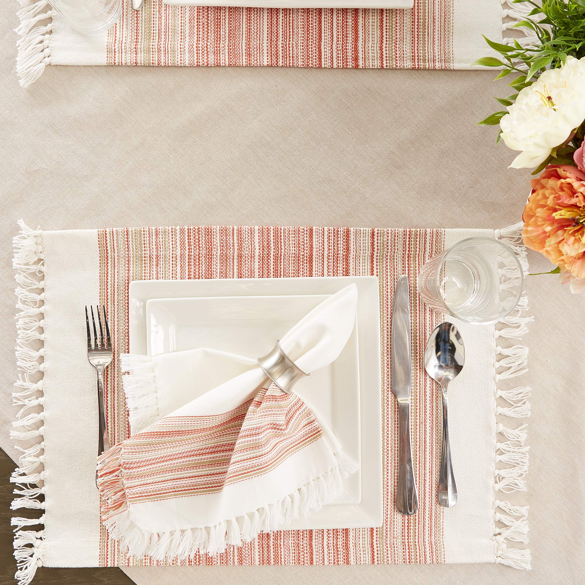 Dii Everyday Collection Fringed Stripe Tabletop, Placemat Set, 13X20, Pimento