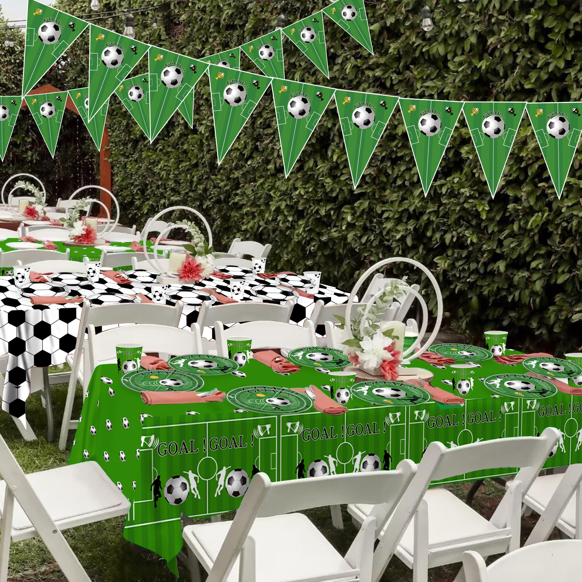 Sjjpdyy Soccer Party Decorations Soccer Party Supplies Tableware Set Includes Banner, Plates, Cups, Napkins, Tablecloth For Boys