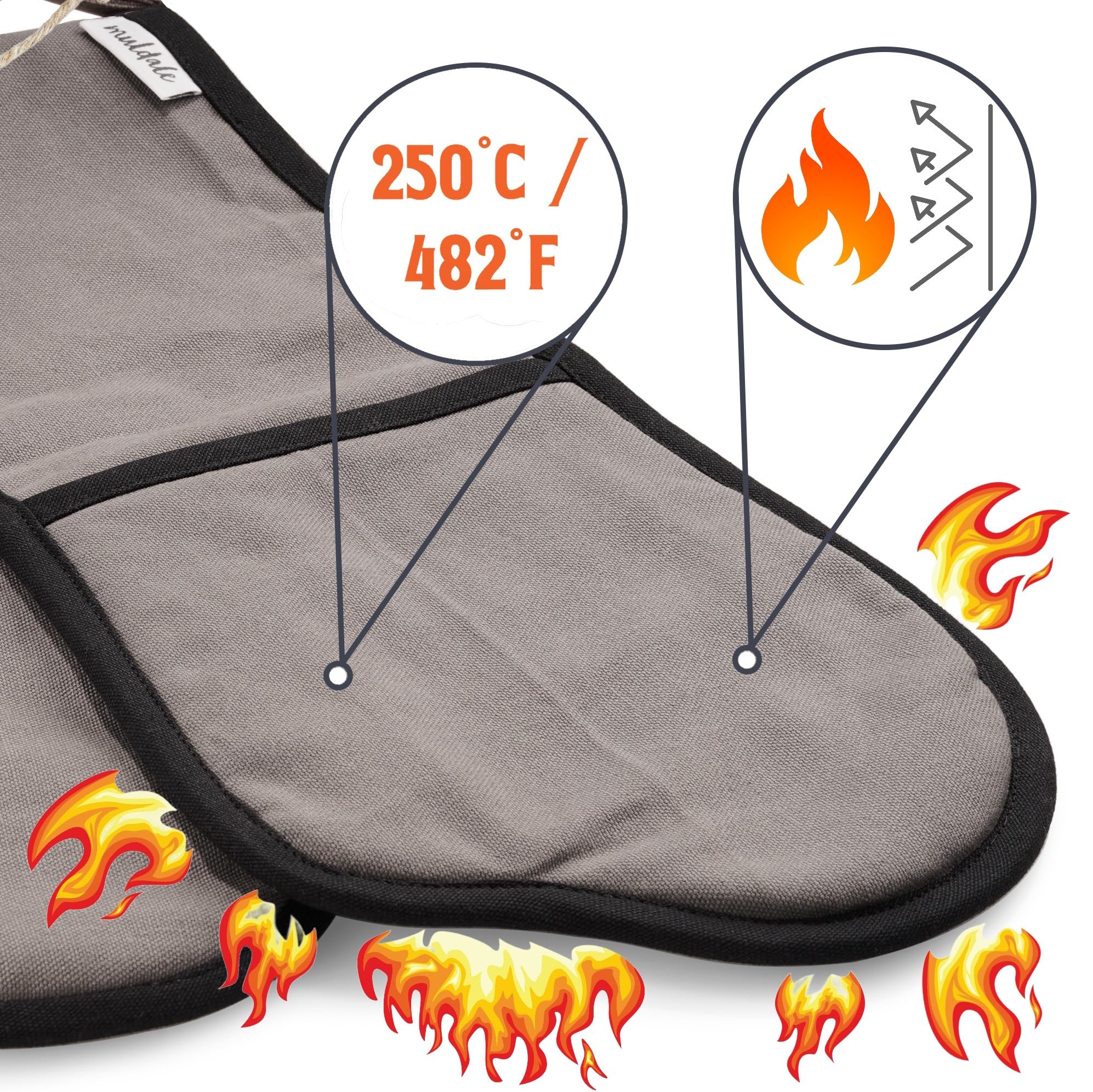 Muldale Professional Grey Double Oven Mitts Attached - Heavy Duty Oven Mitts Connected - Pot Holders Gloves With Terry Towelling