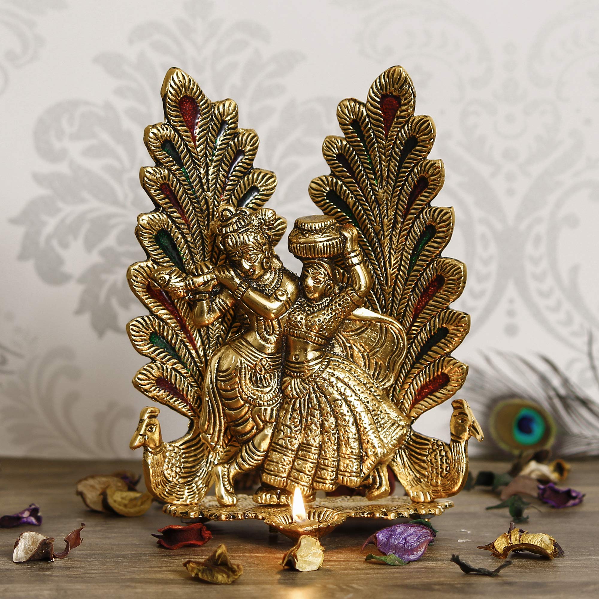Ecraftindia Golden Radha Krishna Idol Metal Decorative Showpiece With Diya