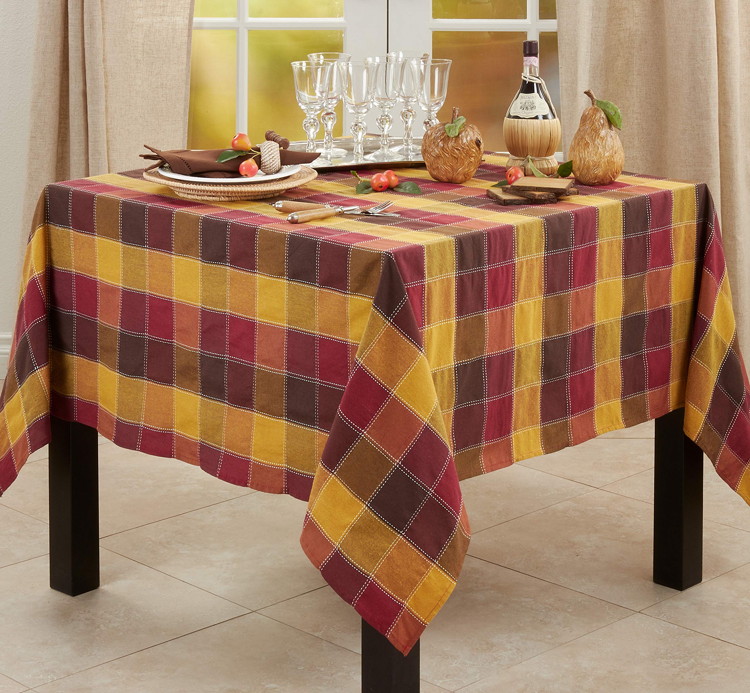Saro Lifestyle 8571.M70S Harvest Collection Cotton Blend Tablecloth With Stitched Plaid Design, 70'', Multi
