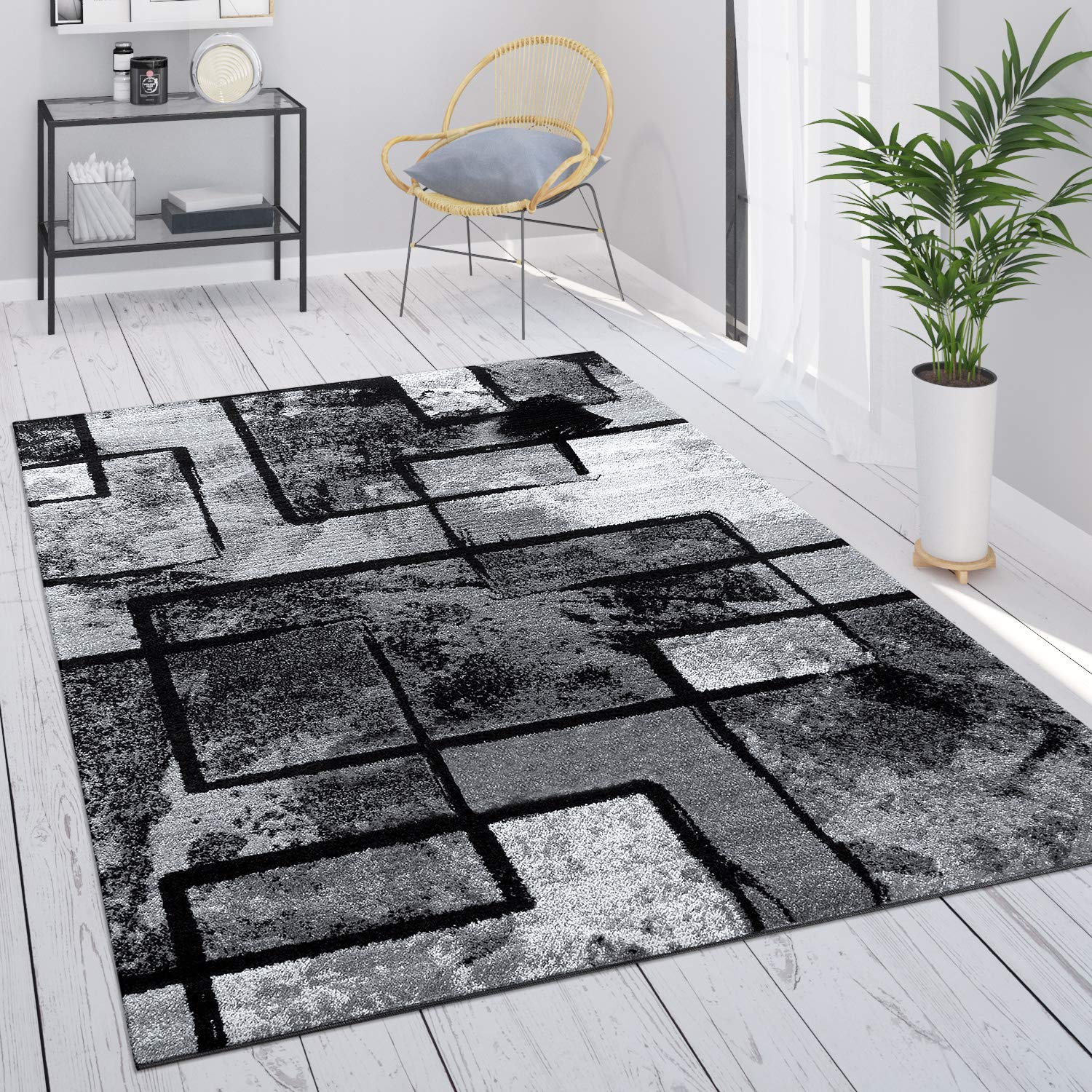 Paco Home Modern Area Rug Mottled Grey Shades with Abstract Black Stripes, Size: 53 x 77