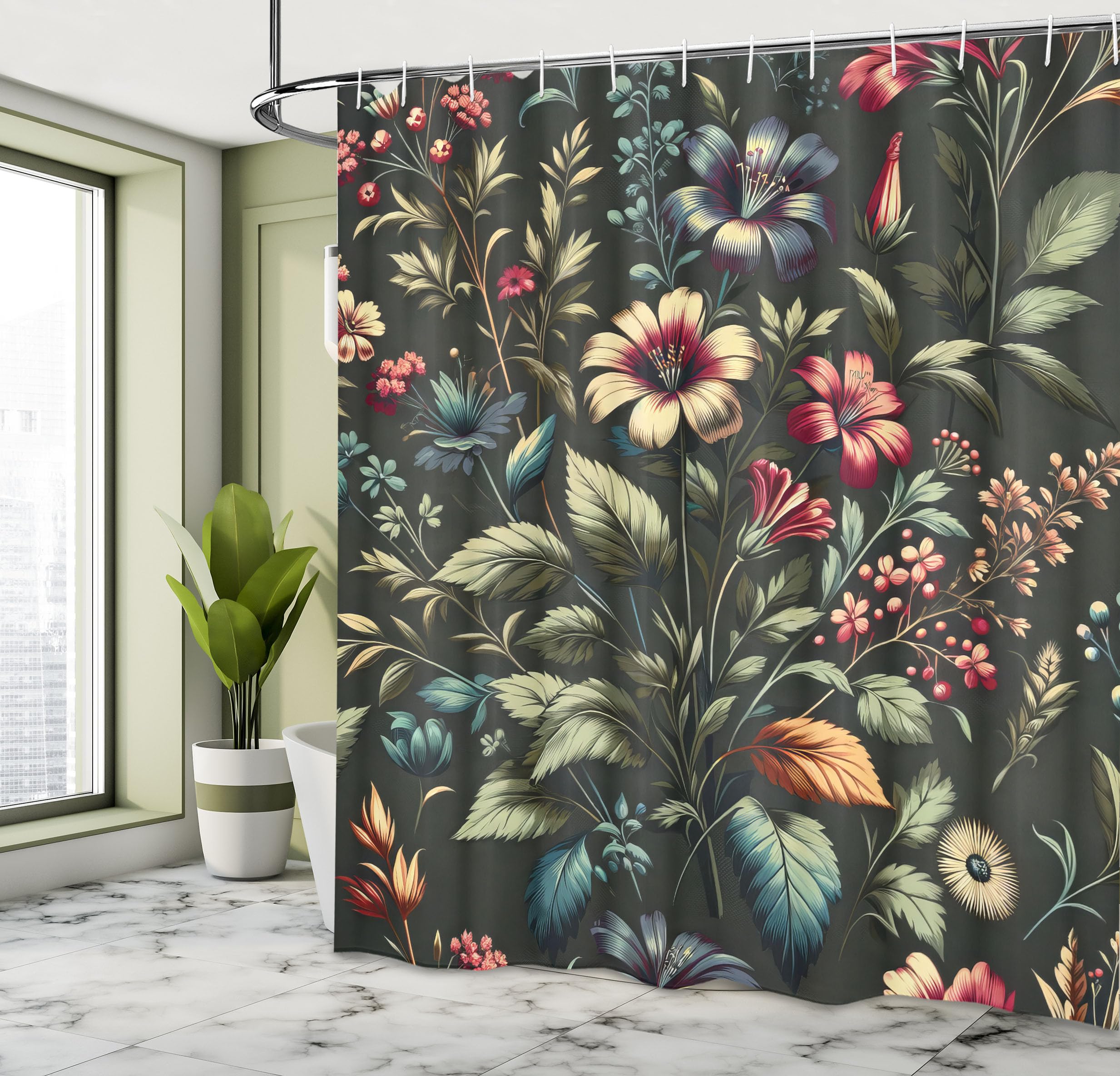 Ambesonne Floral Shower Curtain, Nostalgia Concept Leafy Jungle And Hibiscus Flowers With Modern Details, Cloth Fabric Bathroom