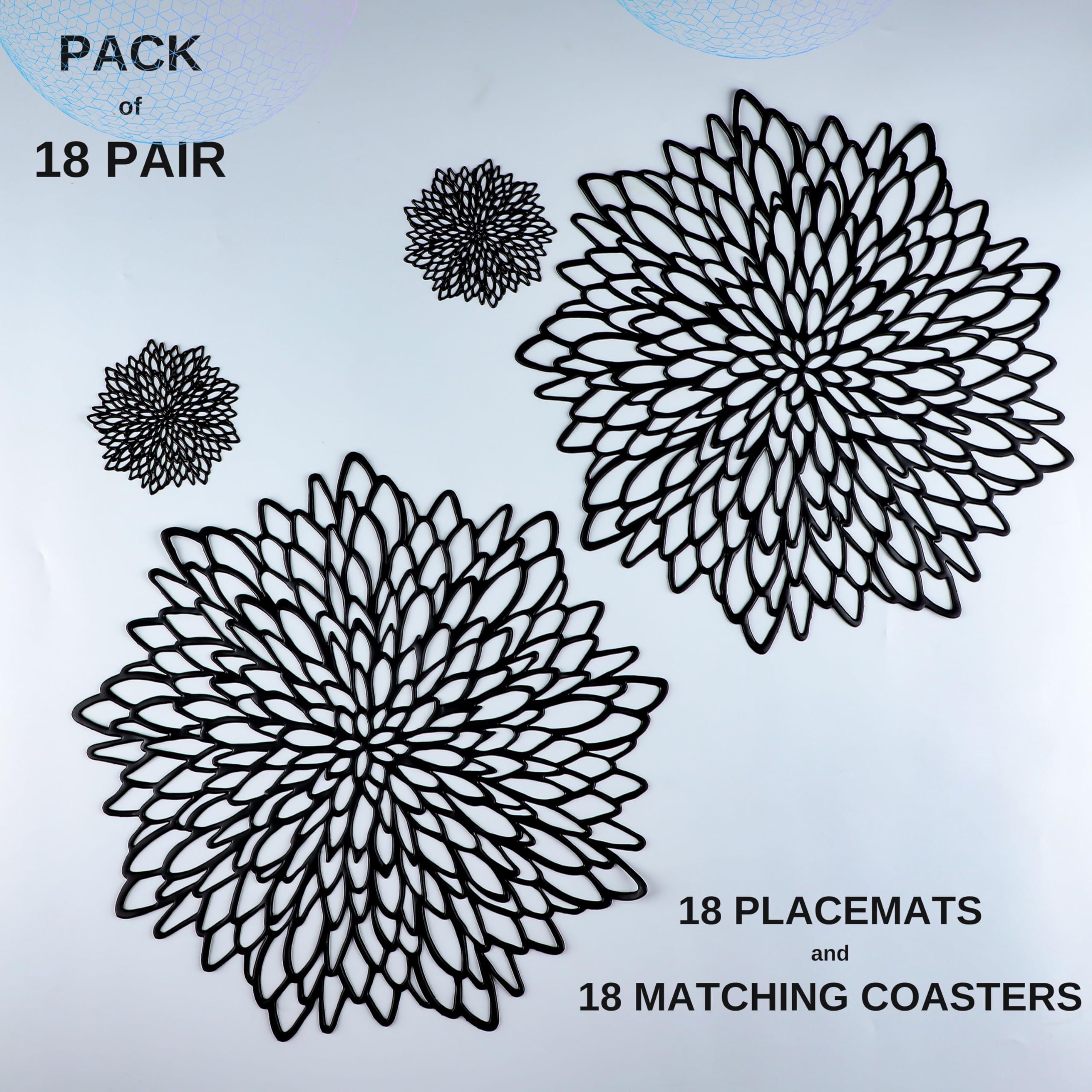 Pairs Of 18 Black Placemats & Coasters 36 Pcs Matching Washable Pressed Vinyl Laser Cut Dining Table Mats Round Floral Charger D