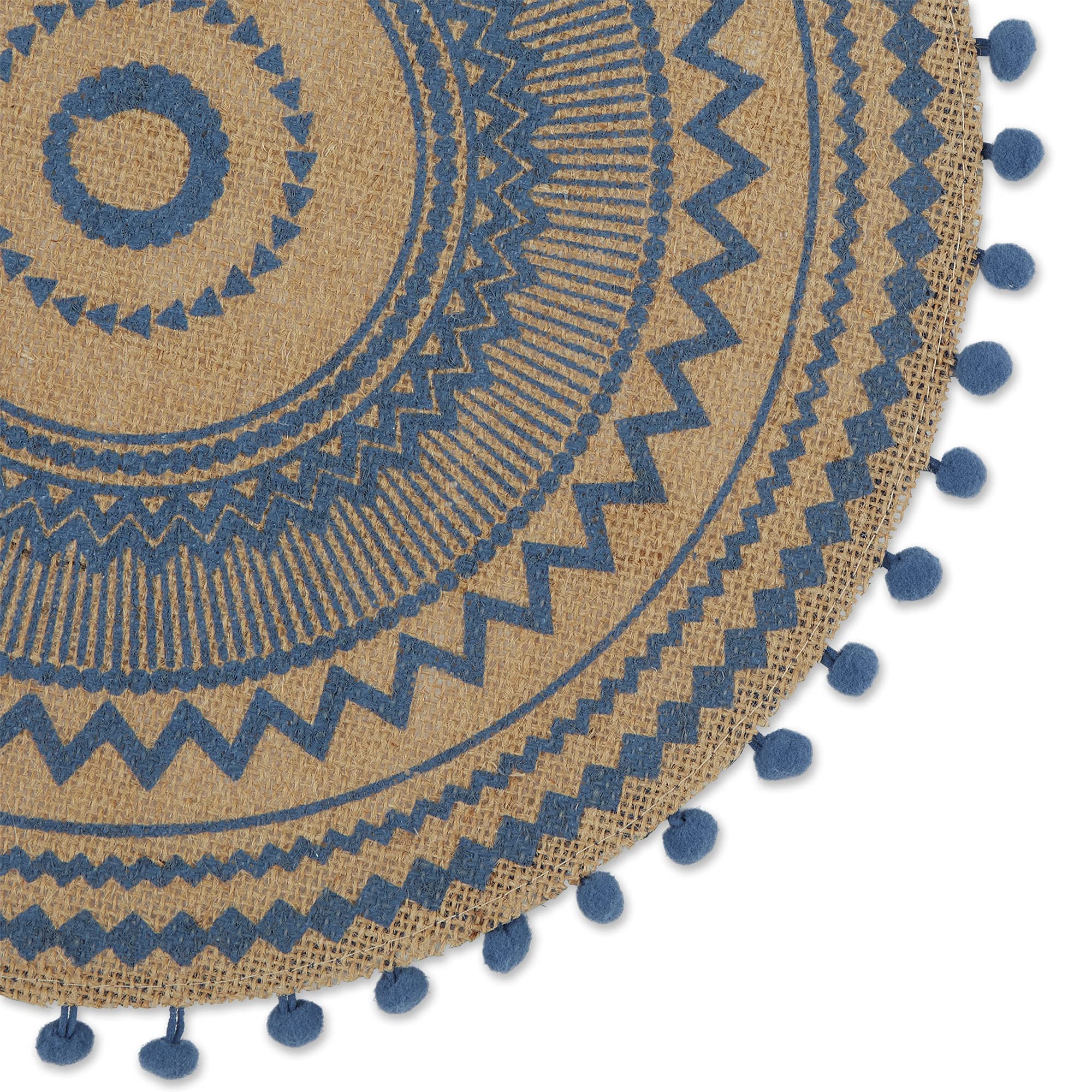 Dii Woven Tabletop Collection Natural Jute, Placemat Set, 15'' Round, French Blue Aztec Print, 6 Piece