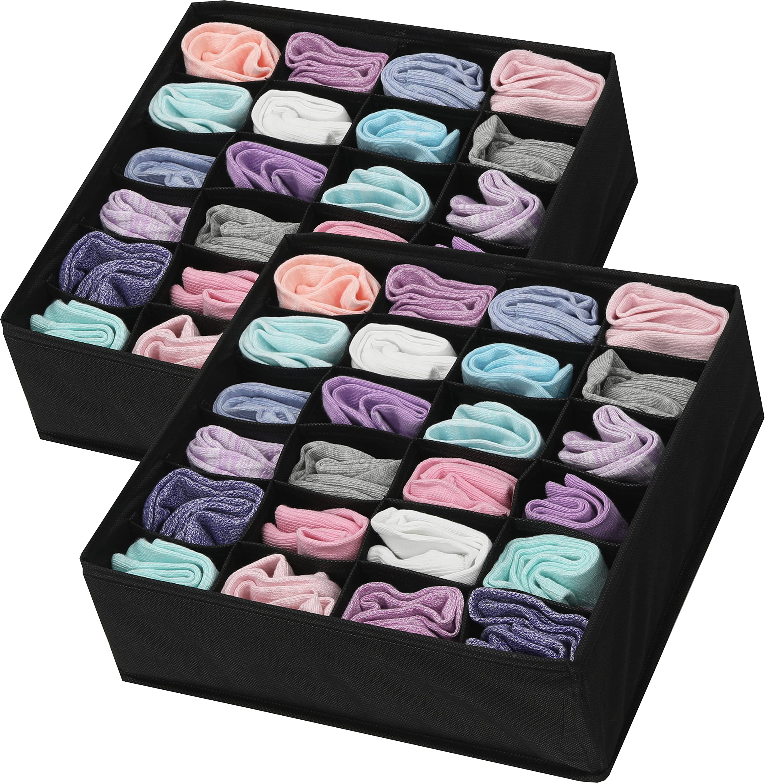 Simple Houseware 2 Pack Closet Socks Organizer, 24 Cell Drawer Divider, Black
