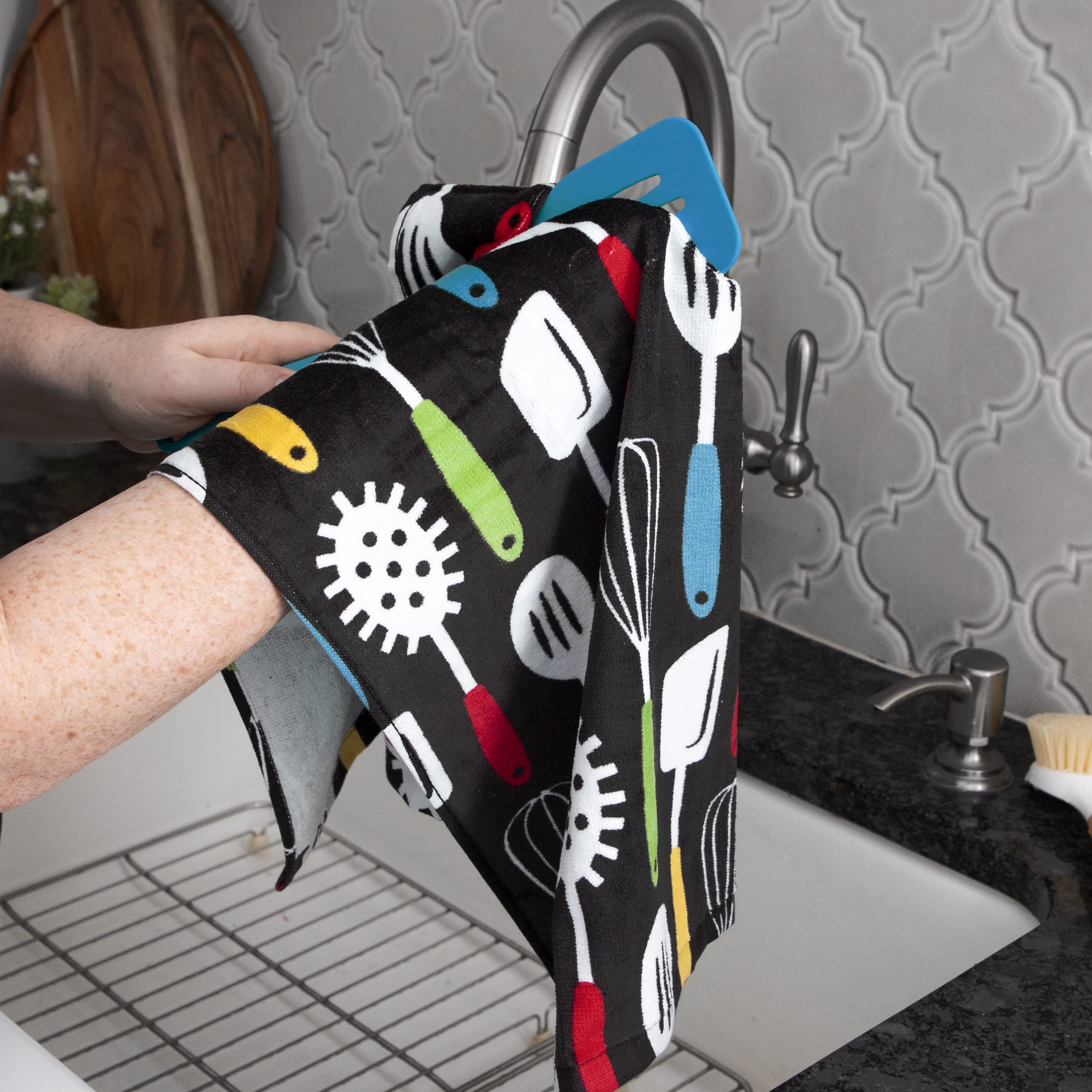 T-Fal Fiber Reactive Print Kitchen Towels: Highly Absorbent, Super Soft - 100% Cotton, 16''X28'' Dish Towels For Cleaning & Dryi