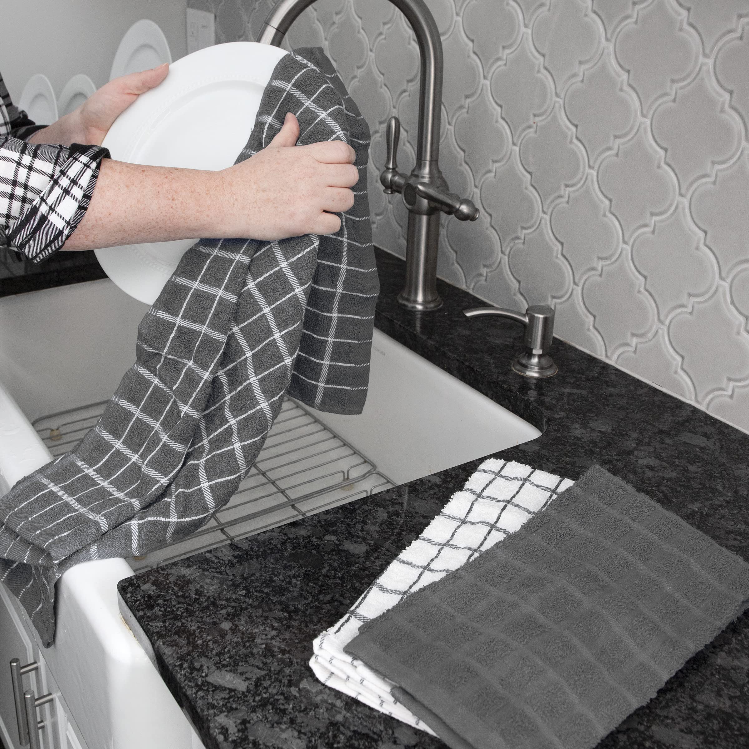Ritz Terry Check Kitchen Towels: Highly Absorbent & Super Soft - 100% Cotton, Durable Kitchen Cleaning Cloths For Wiping Tables