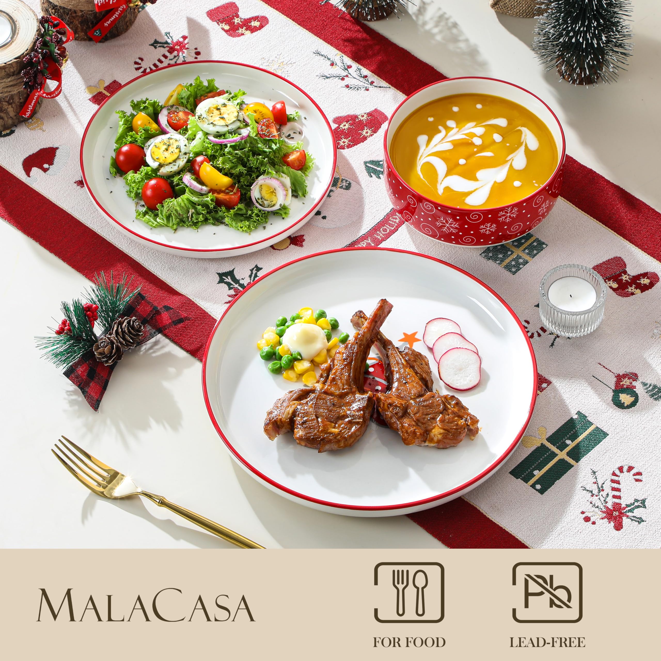 MALACASA Plates and Bowls Sets, 12 Pieces Christmas Porcelain Dinnerware Set for 4, Ceramic Dishware Dishes Kitchen Dining Ware