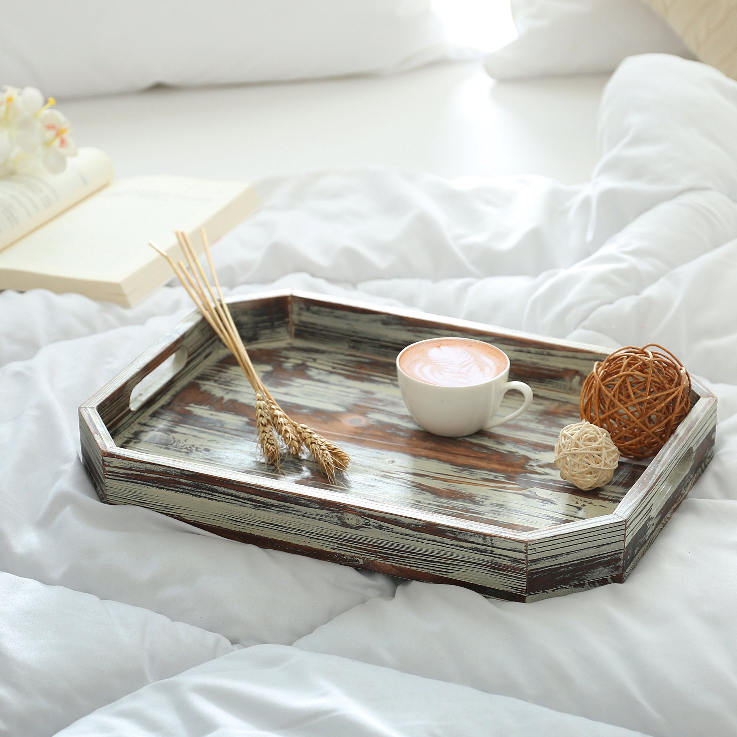 Mygift Torched Wood Serving Tray With Handles - Rustic Farmhouse Decor Breakfast, Ottoman, Coffee Table Decorative Tray With Ang