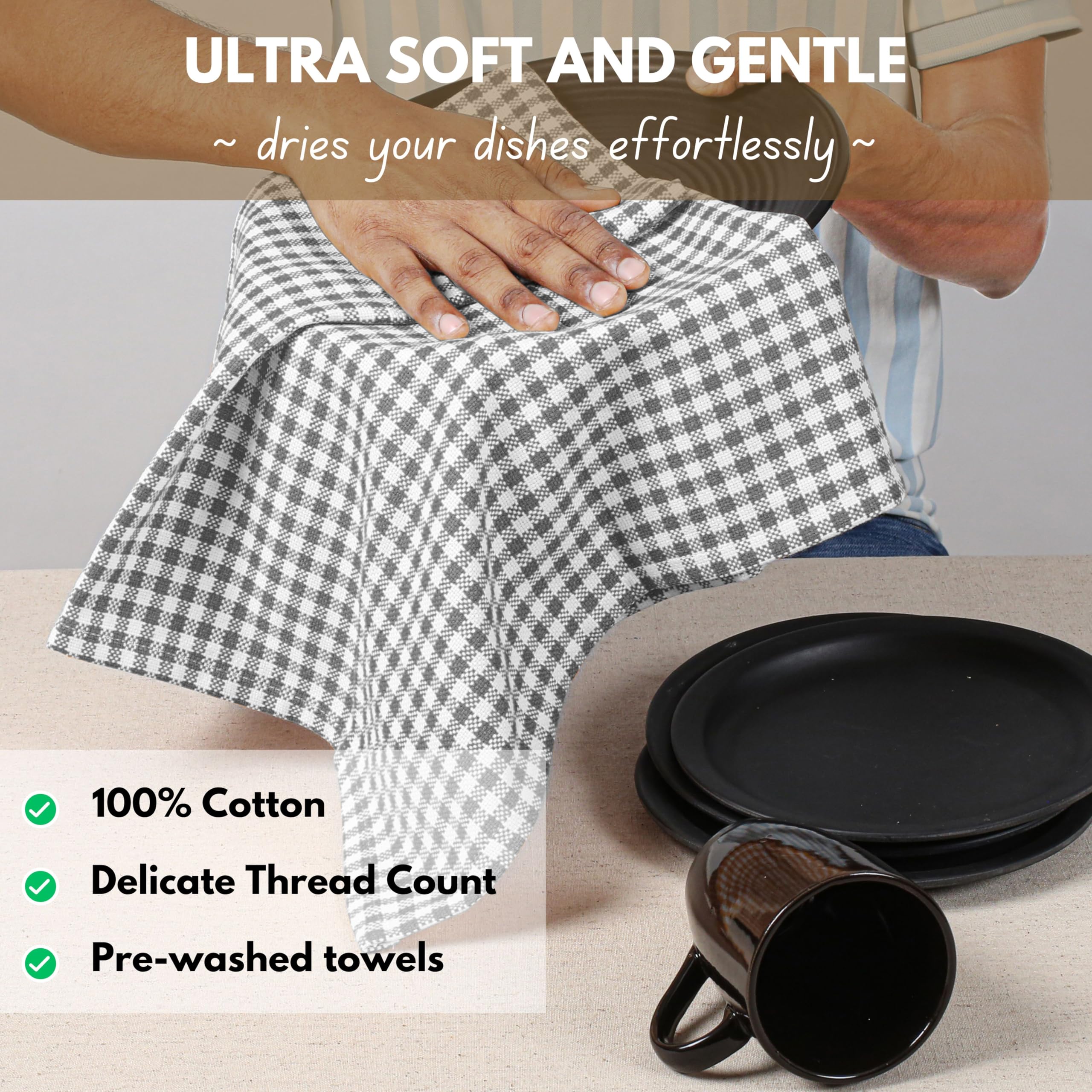 Native Fab 4 Pack Gingham Plaid Kitchen Towels 16''X26'' - 100% Cotton Absorbent Washable Tea Towels, Kitchen Cloths, Restaurant