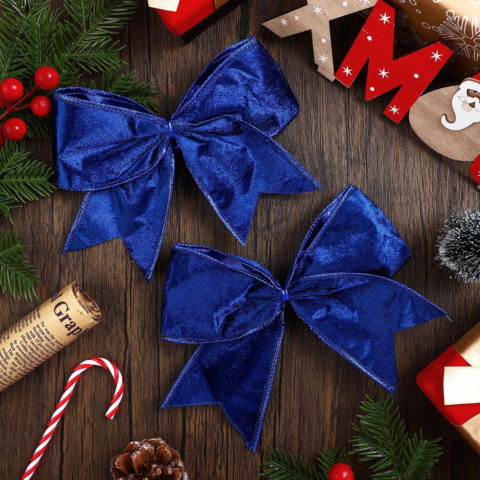 Panelee 12 Pcs Blue Velvet Christmas Bows 6 x 6 in Wreath Bow Christmas Tree Decorations Ornaments for Hanukkah Xmas Tree Topper