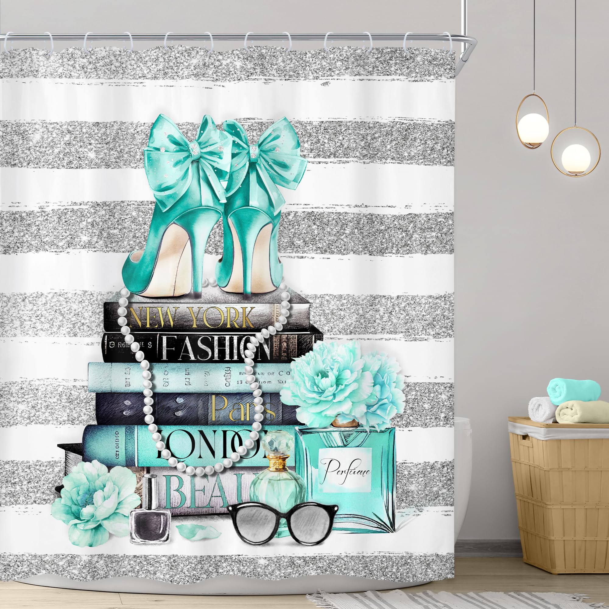 Riyidecor Fashion Women Shower Curtain 60Wx72H Inch Teal Silver Modern Magazine Girly White Stripe Rose Flower High Heel Makeup for Girl Bathroom Decor Fabric Polyester Waterproof 12 Pack Hooks