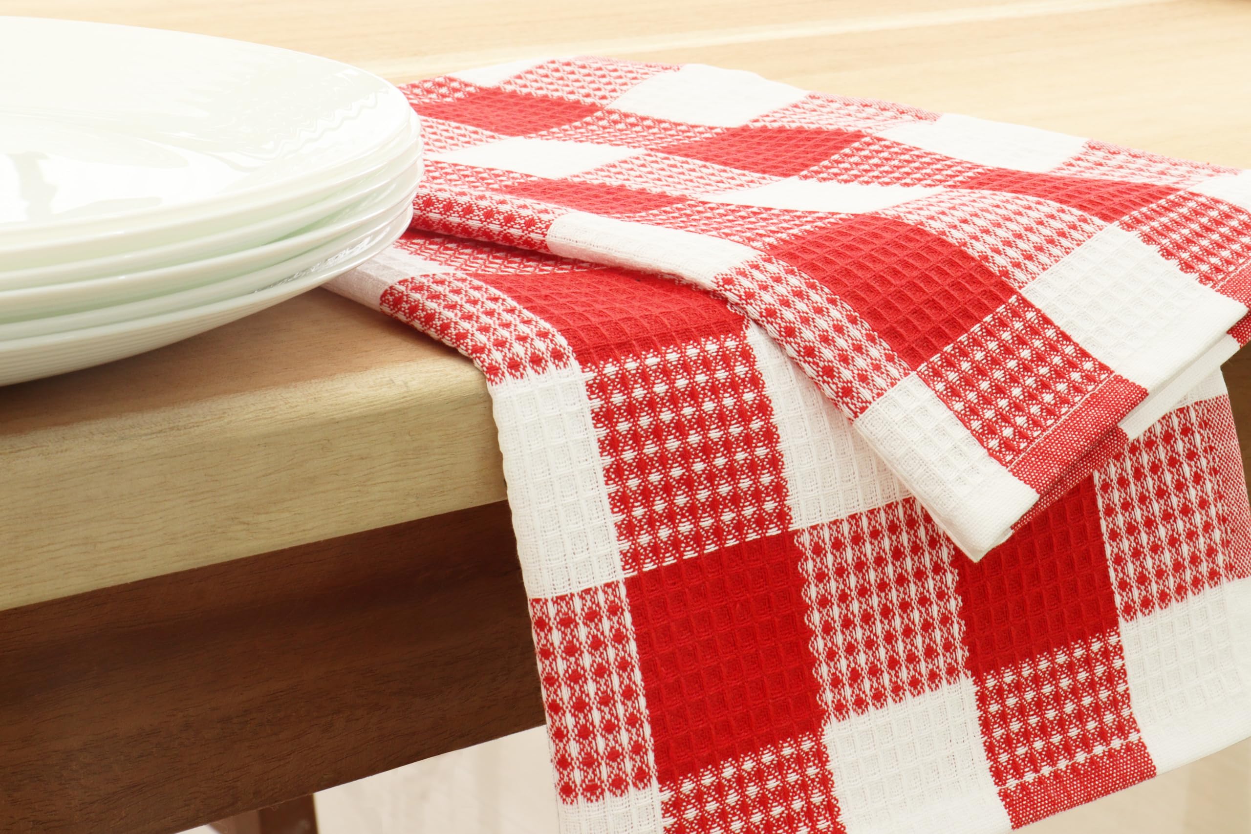 PurpleEssences 100% Cotton Waffle Weave Check Plaid Kitchen Towels, Super Soft and Absorbent Dish Towels for Drying Dishes 15x25
