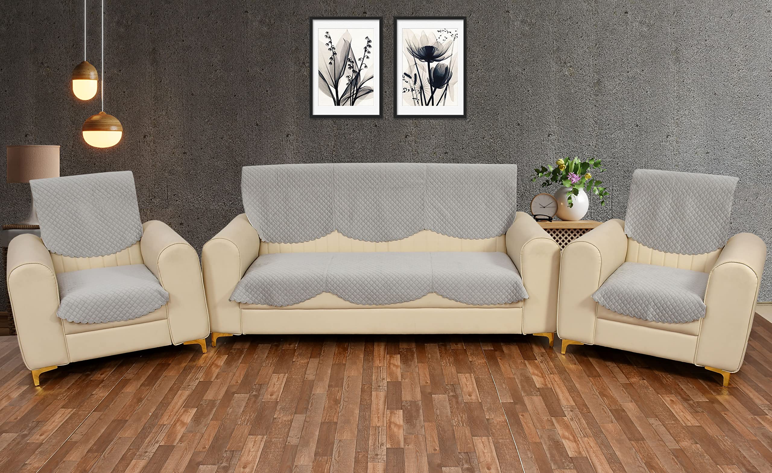Yellow Weaves 5 Seater Self Design Quilted Sofa Cover And Chair Cover, Seat & Back Cover, Color - Light Grey, Velvet