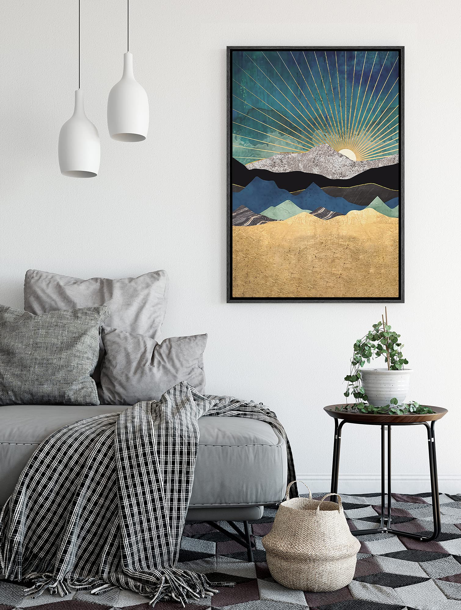 Signford Framed Canvas Print Wall Art Sun Peeks Over Granite Mountain Range Abstract Wilderness Illustrations Modern Art Contemp