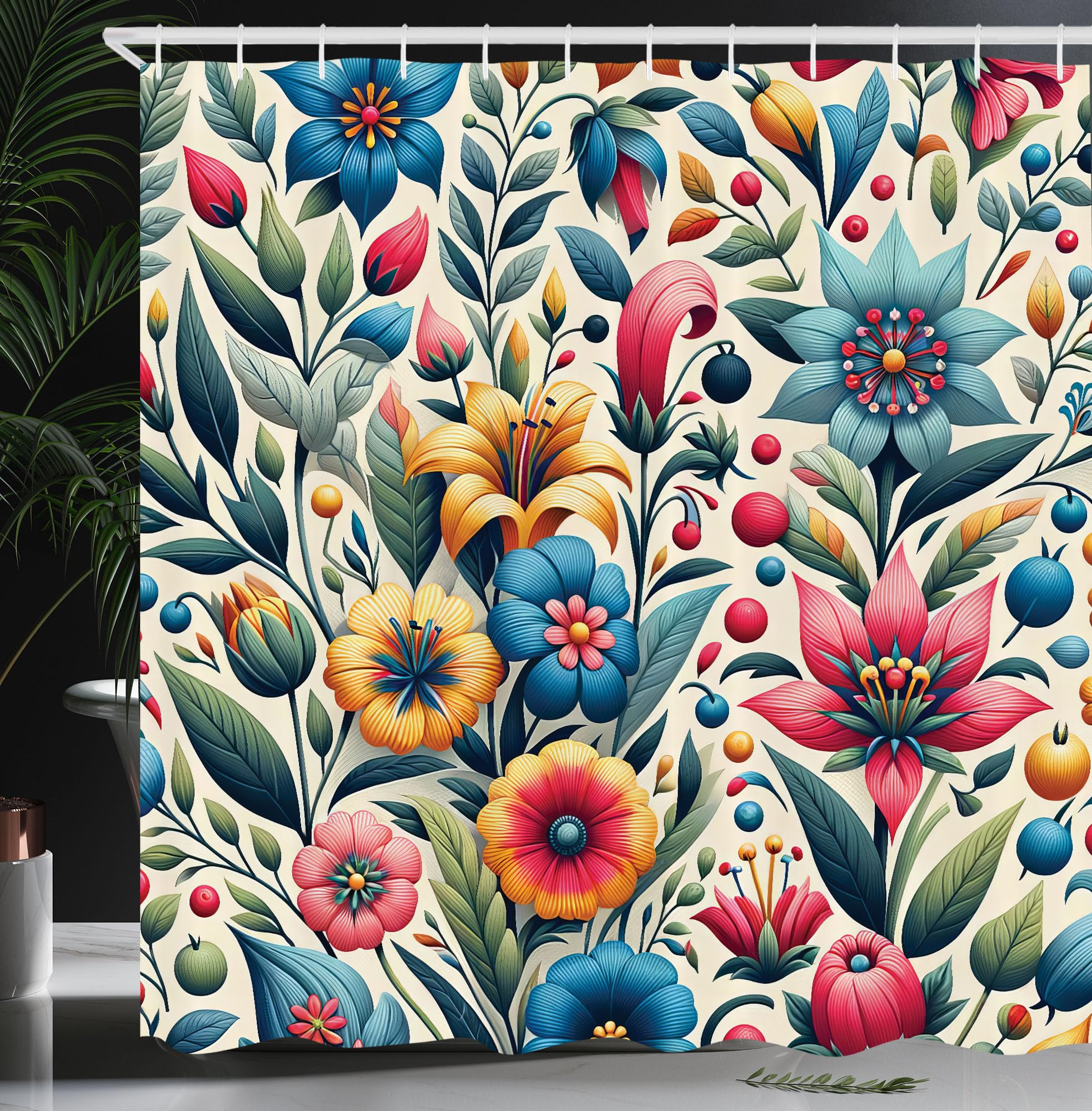 Ambesonne Colorful Shower Curtain, Modern Scandi Vibe Flowering Botany Pattern With Leaves On Creamy Back, Cloth Fabric Bathroom