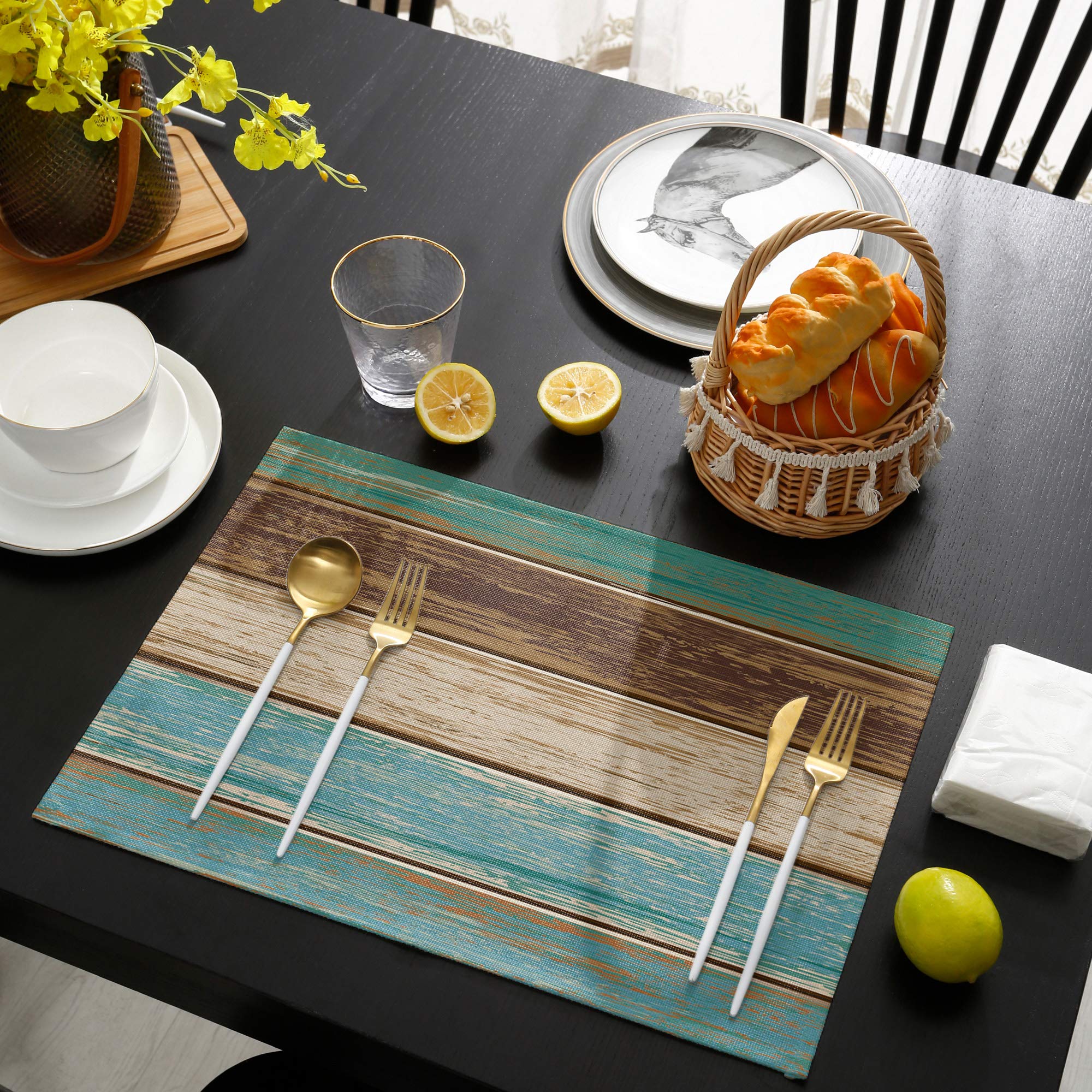 Vandarllin Placemats Set Of 6, Retro Rustic Wood Texture Polyester Stain Resistant Table Mats Washable Placemat Decoration For K