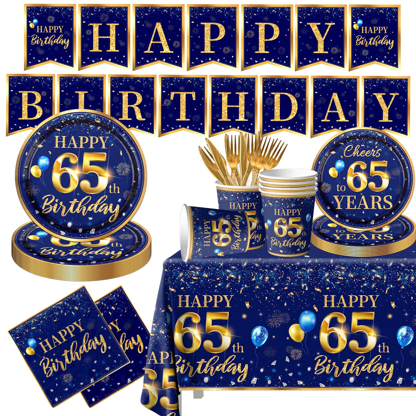 65Th Birthday Decoration Men-142Pcs Navy Blue And Gold Birthday Tableware Set(Serve For 20) Include Happy 65Th Birthday Banner P