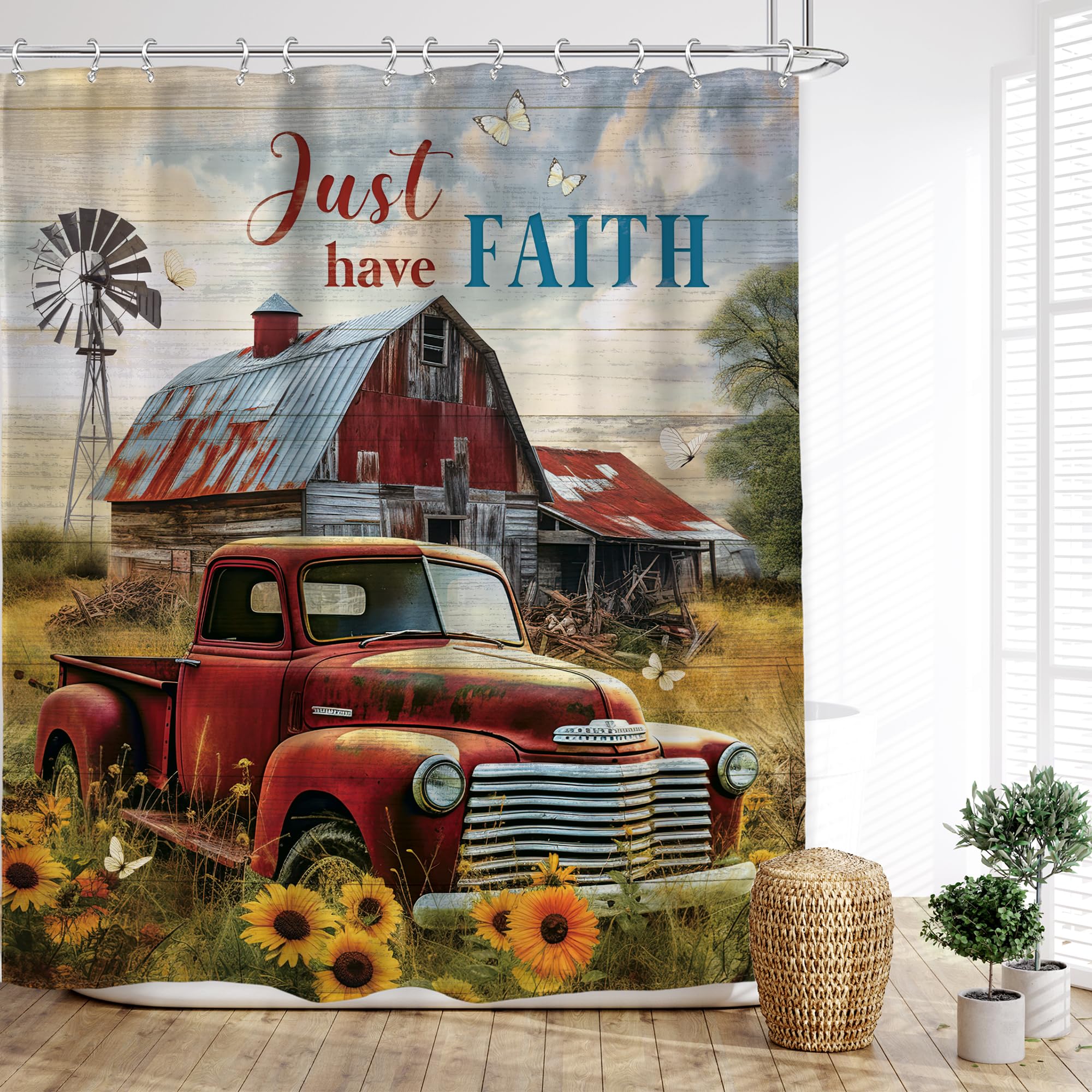 Glawry Rustic Farmhouse Shower Curtain 60Wx72L Inches Retro Red Truck Positive Quote Vintage Sunflowers Wooden Western Farm Coun