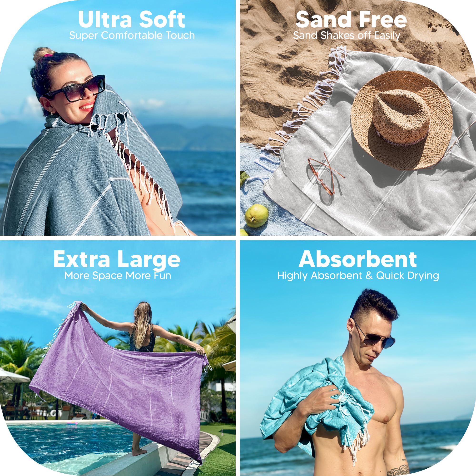 Utopia Towels Pack Of 4 Turkish Beach Towel, 40X72 Inches, Oversized 100% Cotton Sand Free Lightweight, Quick-Dry Beach Blanket,