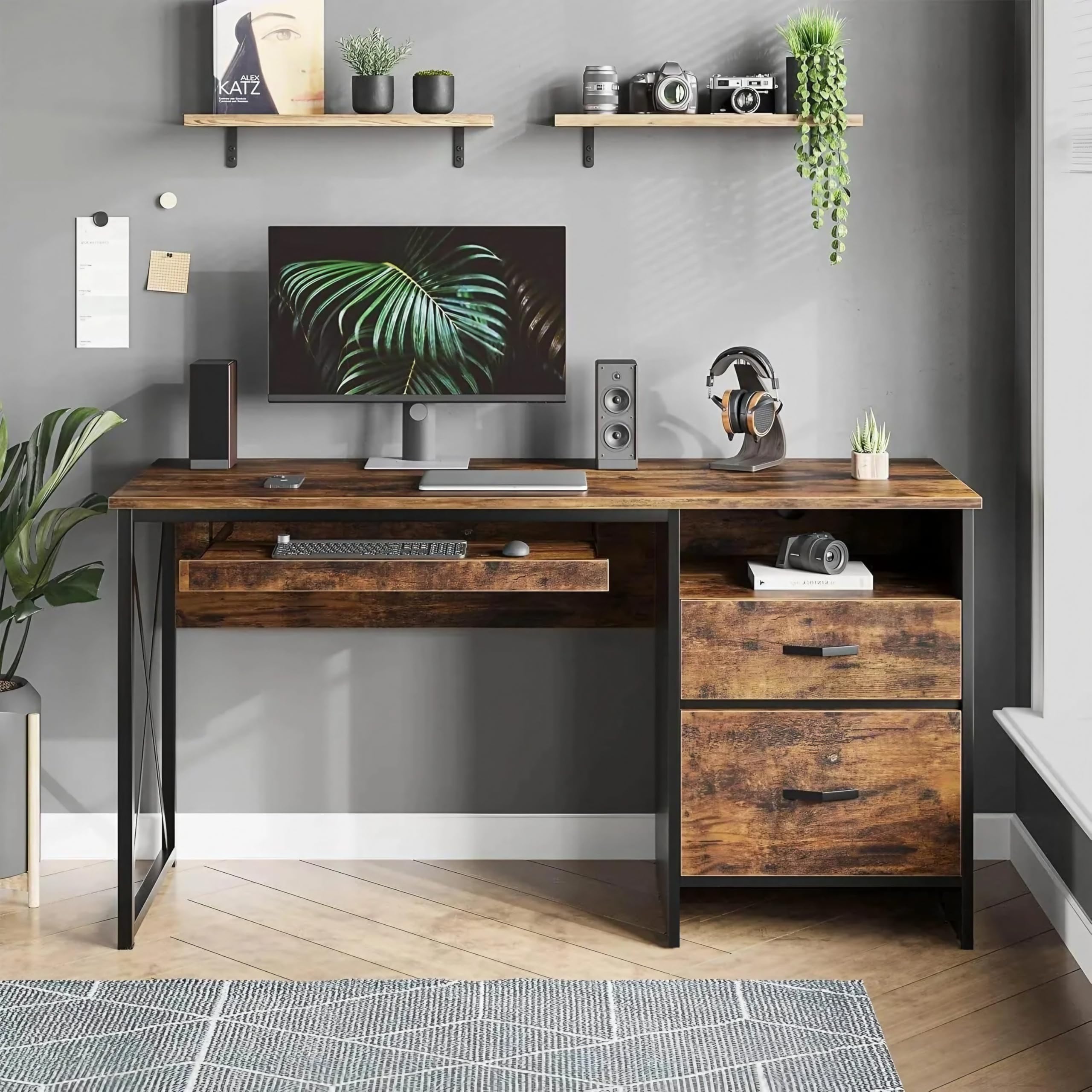 Tekavo Office Table With Drawer Storage + Keyboard Tray | Computer Table For Home Workstation Pc | Modern Work Desk (Brown Wood,