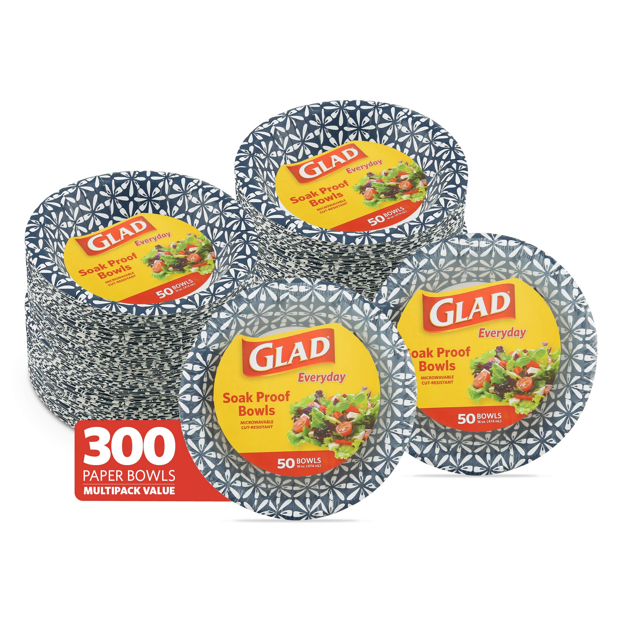 Glad Disposable Paper Bowls With Blue Mosaic Design, 16 Ounces, Soak Proof, Cut-Proof, Microwaveable, 300 Count | Strong And Hea