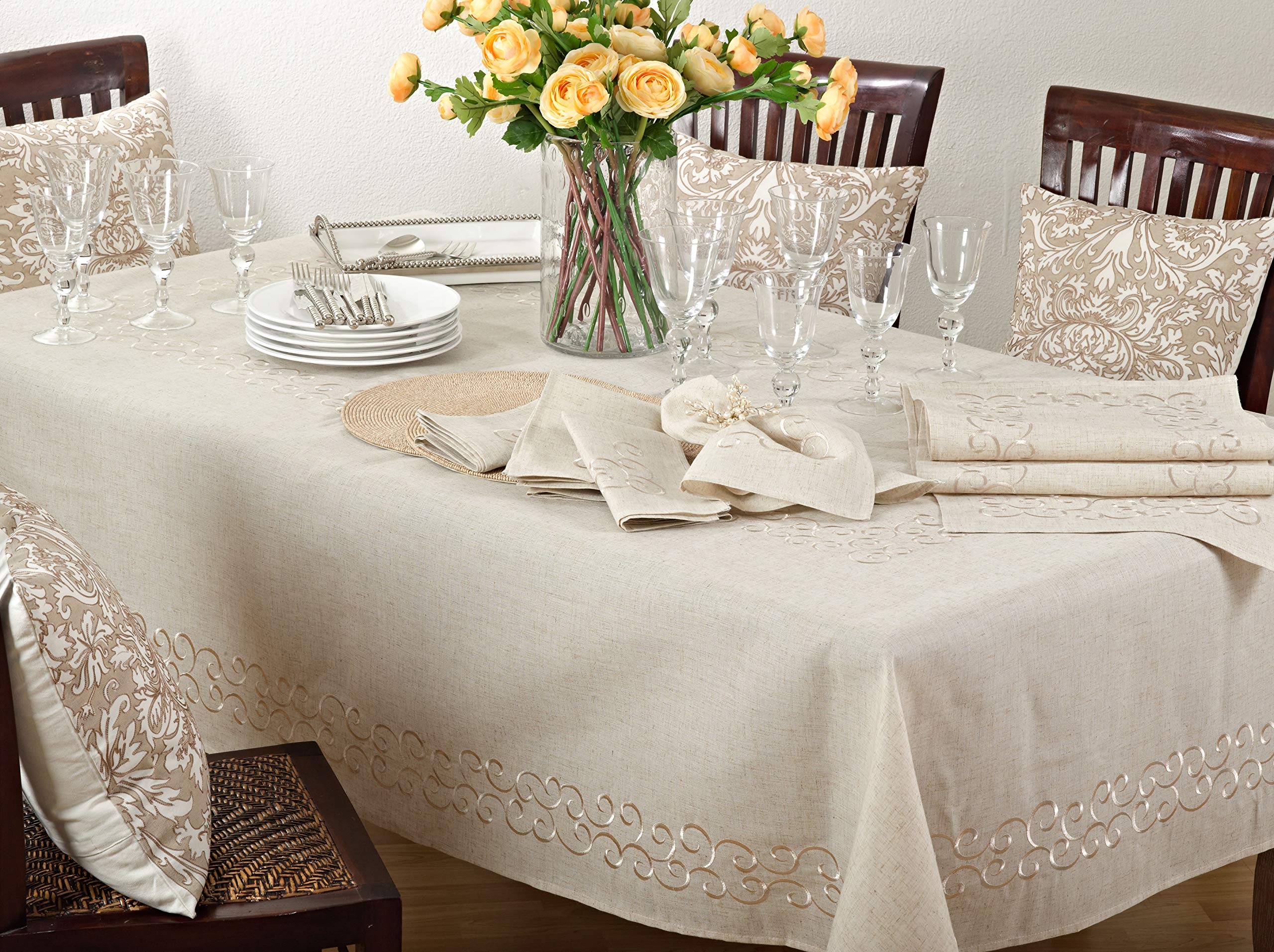 Saro Lifestyle Swirling Collection Embroidered Design Linen Blend Table Runner, 16'' X 90'', Natural