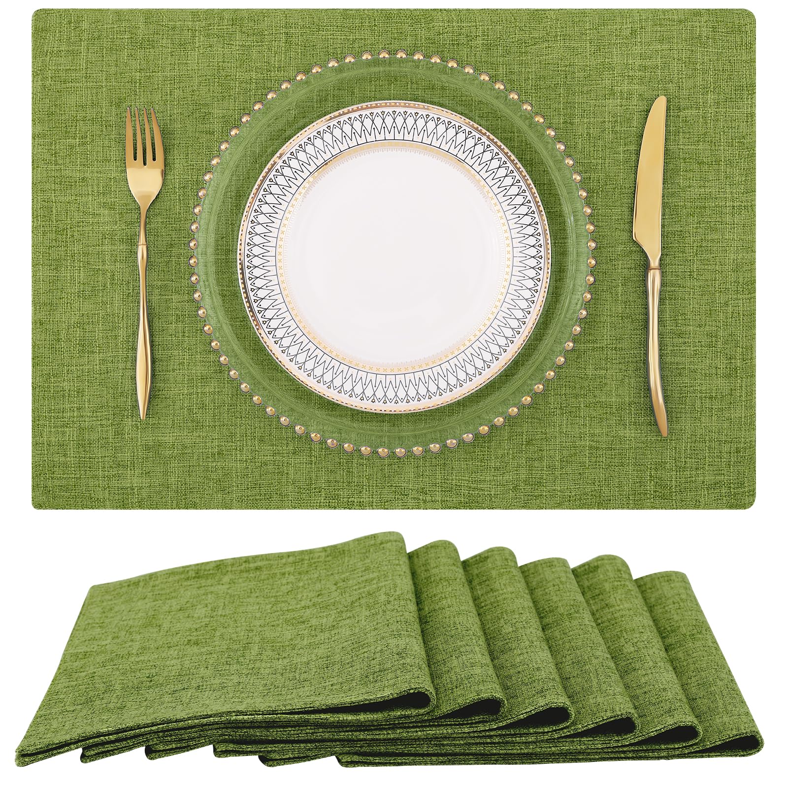 Homing Grass Green Cloth Placemats For Dining Table Set Of 6 - Cotton Linen Blend Washable Farmhouse Kitchen Mats For Indoors &