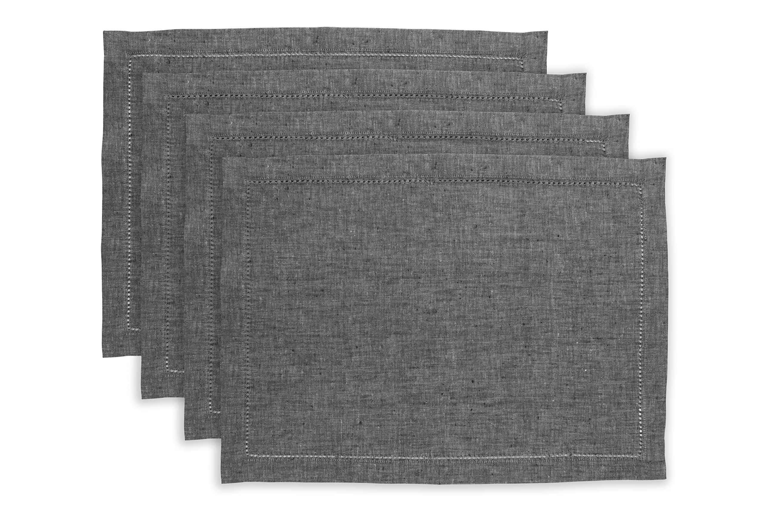 Solino Home Linen Placemats 14 X 19 Inch - Charcoal Grey, 100% Pure Linen Hemstitch Placemats Set Of 4 - Milan Machine Washable