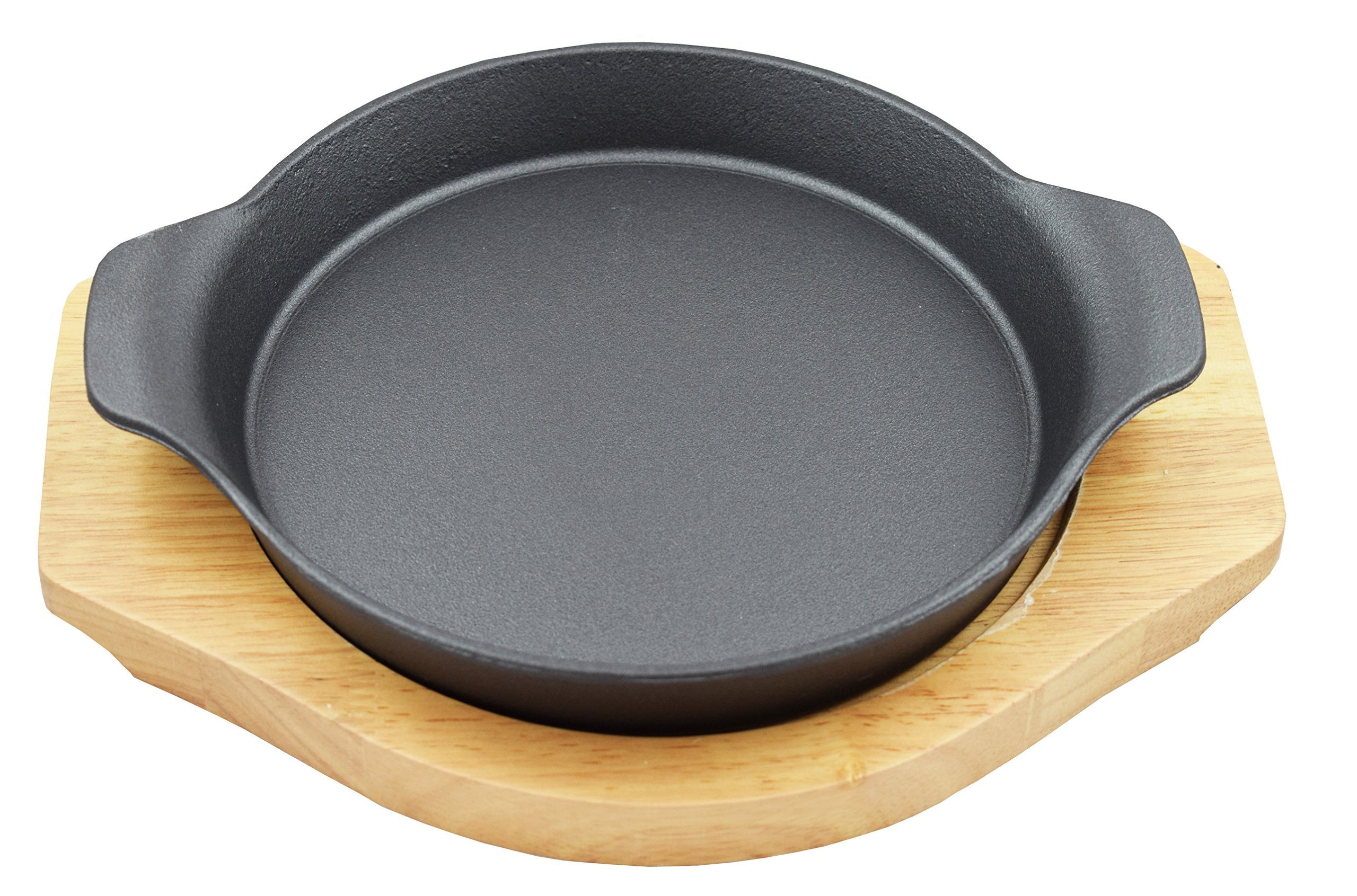 Sunrise Kitchen Supply Round Cast Iron W/Handles And Rubberwood Underliner Set (8'')