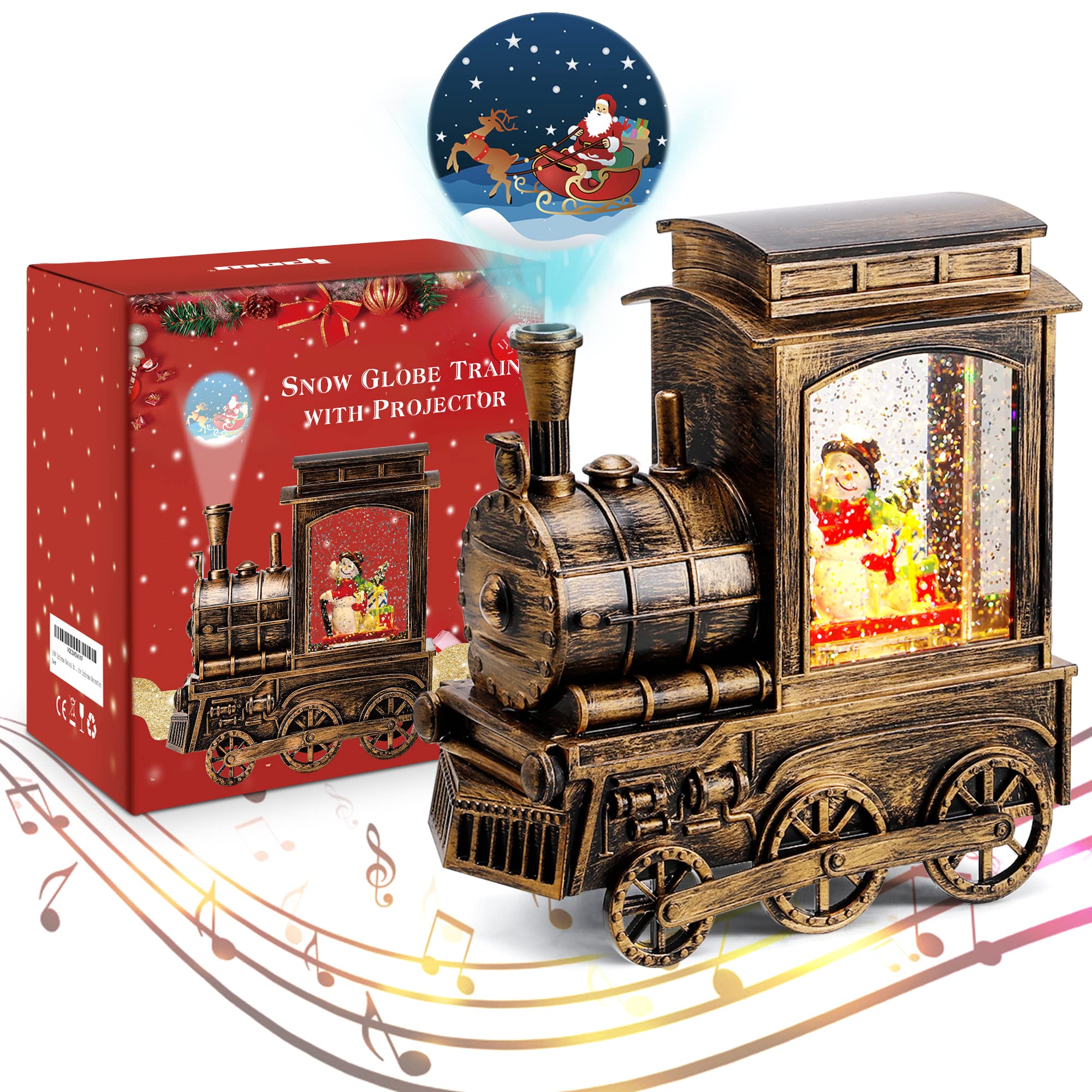 IPOW Christmas Snow Globe Lantern Train with Santa Sleigh Projection, Water Swirling Glitter Musical and Lighted USB Powered & B