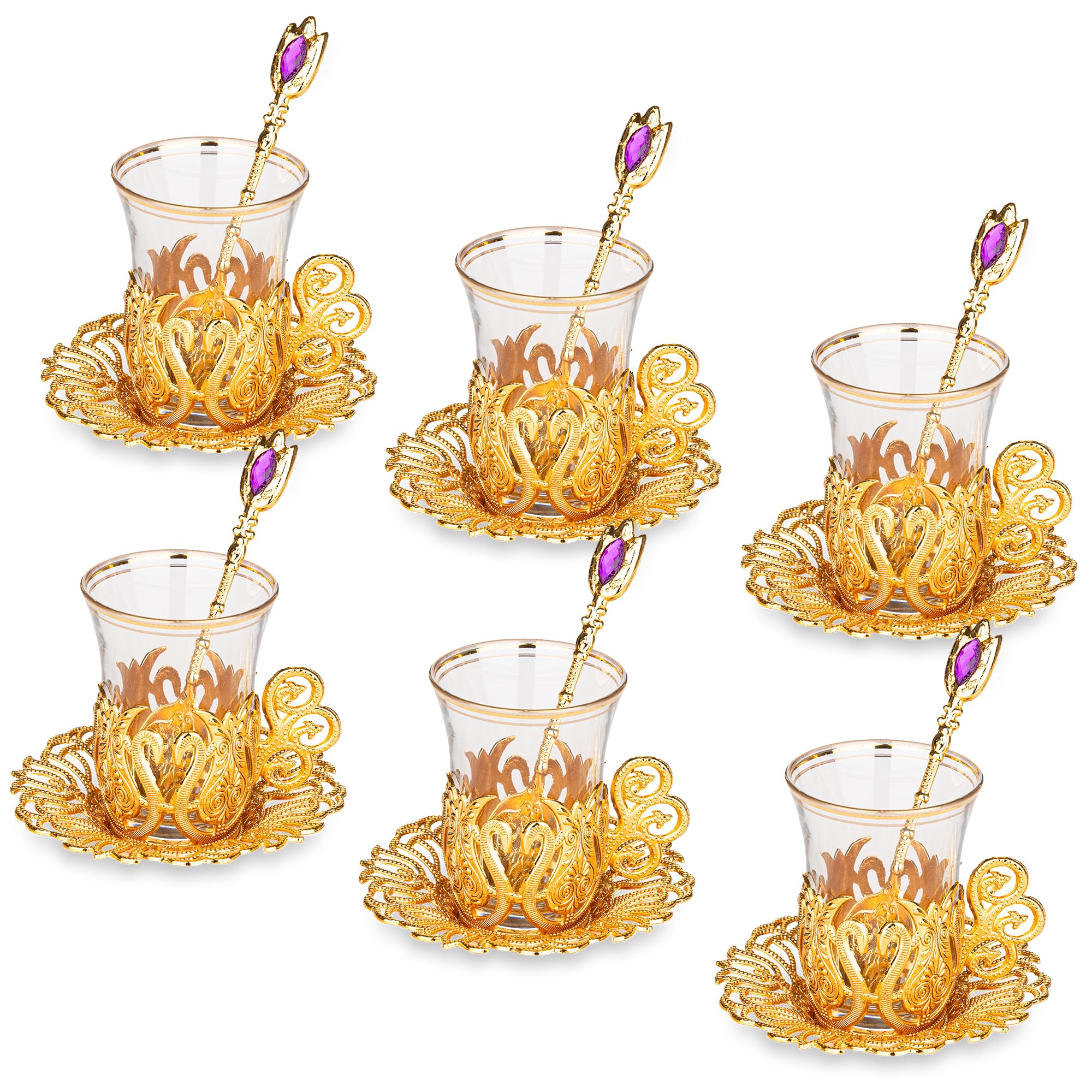 Alisveristime (Set Of 6 Handmade Turkish Tea Water Zamzam Serving Set Glasses Saucer And Spoon (Ottoman) (Gold)