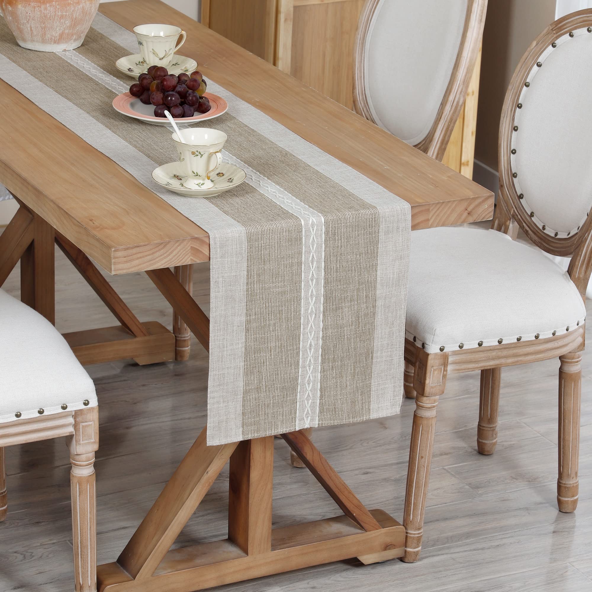 Farmhouse Braided Striped Table Runner Rustic Embroidery Coffee Table Runners For Decorations Weddings Holiday Brown 13X72Inch