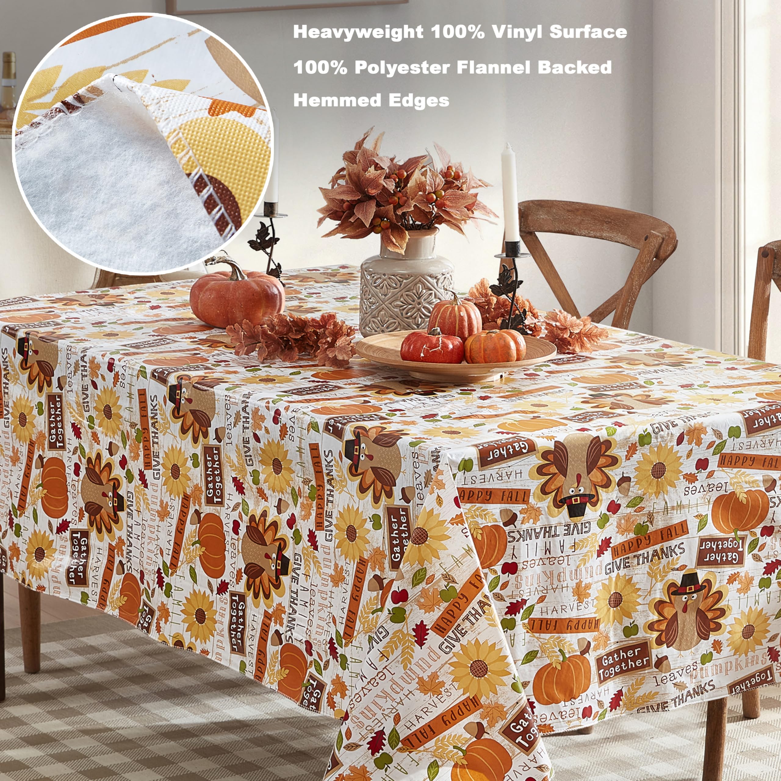 Newbridge Happy Thanksgiving Turkey Vinyl Tablecloth with Flannel Backing, 52 x 52 Inch Square - Whimsical Fall Harvest Kitchen
