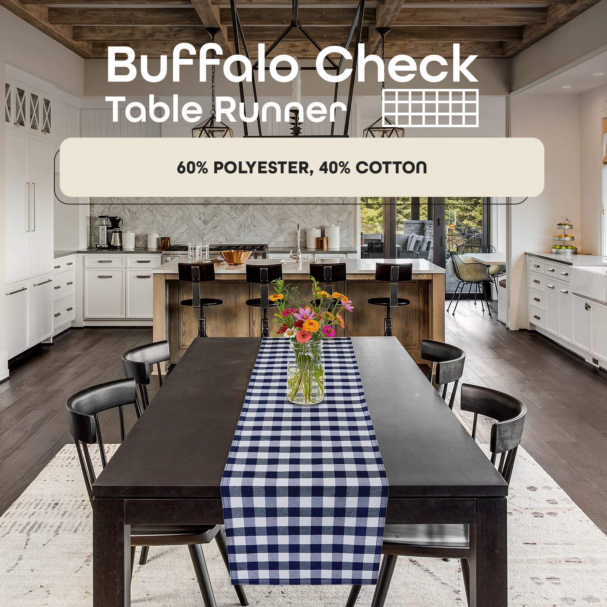 Buffalo Check Plaid Table Runner, Navy - 13'' X 36'' - Premium & Durable Checkered Tablecloth Is Reversible For Solid Colors - W