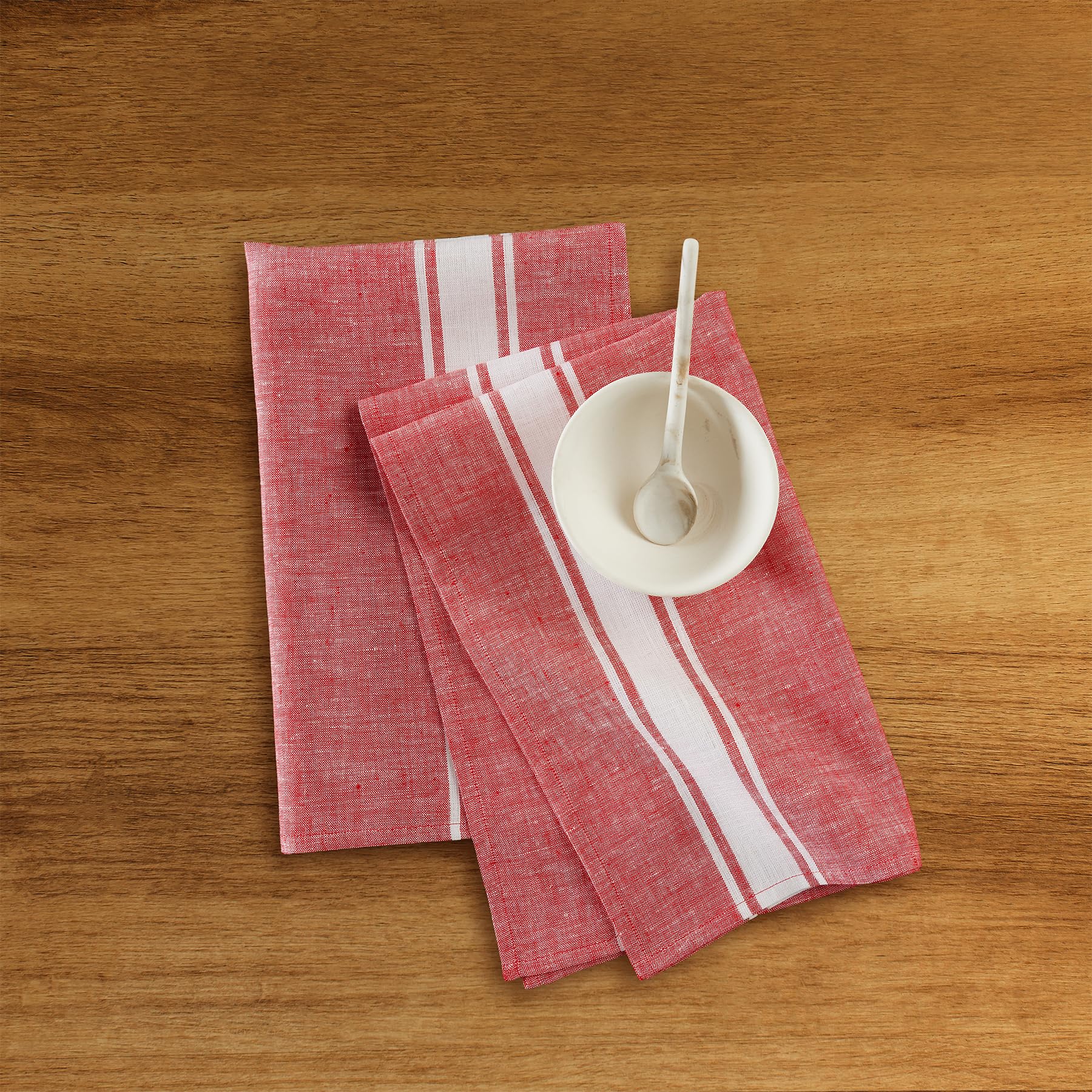 Solino Home Linen Kitchen Towels Set Of 2 - Red And White 17 X 26 Inch - 100% Pure Linen Farmhouse Stripe Kitchen/Tea Towels - M