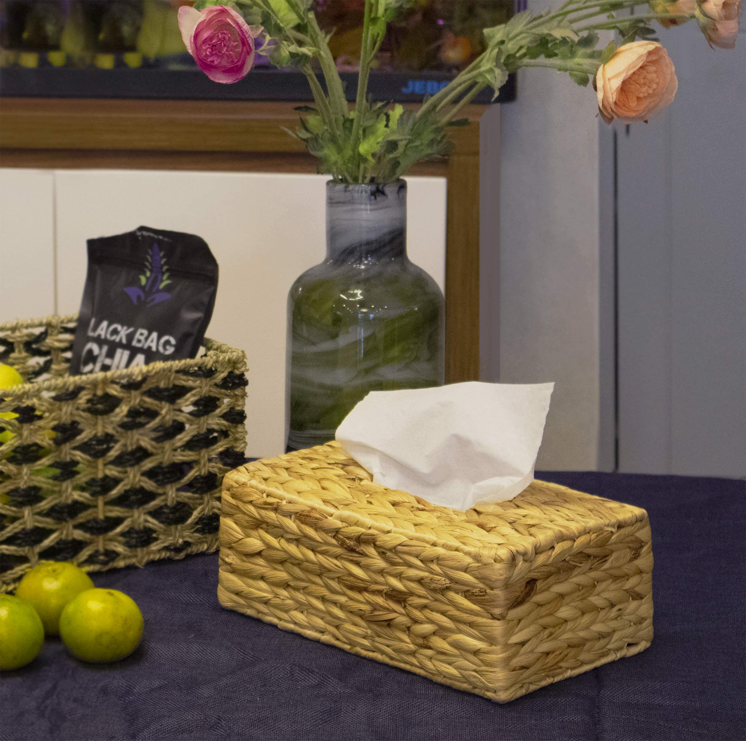 Hand Woven Square Tissue Box Cover Holder | Rustic Wicker Straw Tissue Paper Box Napkin Dispenser Organizer For Kitchen, Bathroo