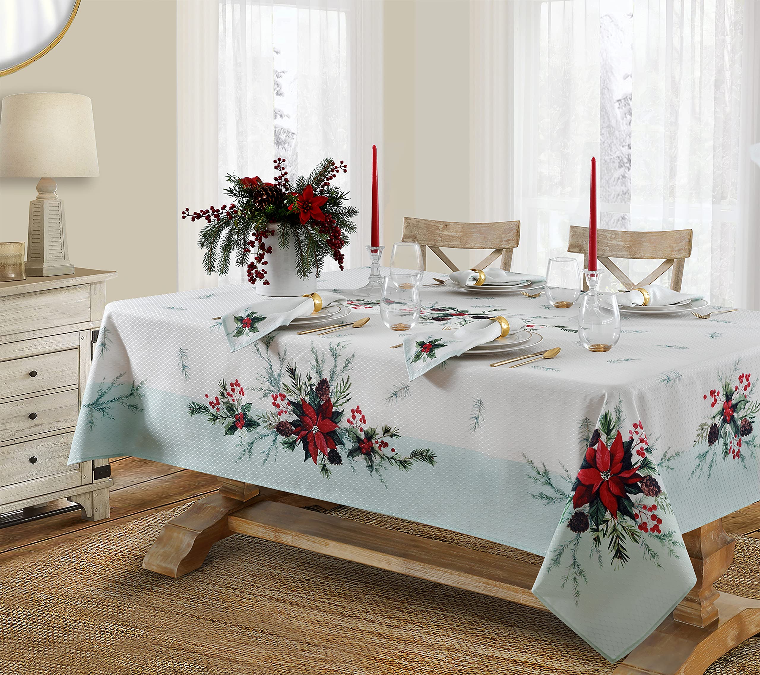 Lintex Holly Bough Stonewashed Border Traditional Christmas Tablecloth, Poinsettia And Holly Sprig, Sage Bordered Xmas Holiday E