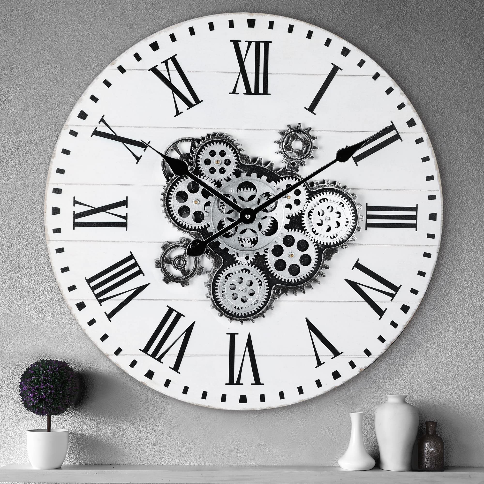 Lafocuse 23 Inch Roman Numeral Moving Gears Wall Clock,Wooden Large Industrial Wall Clock, White Oversize Farmhouse Vintage Wall