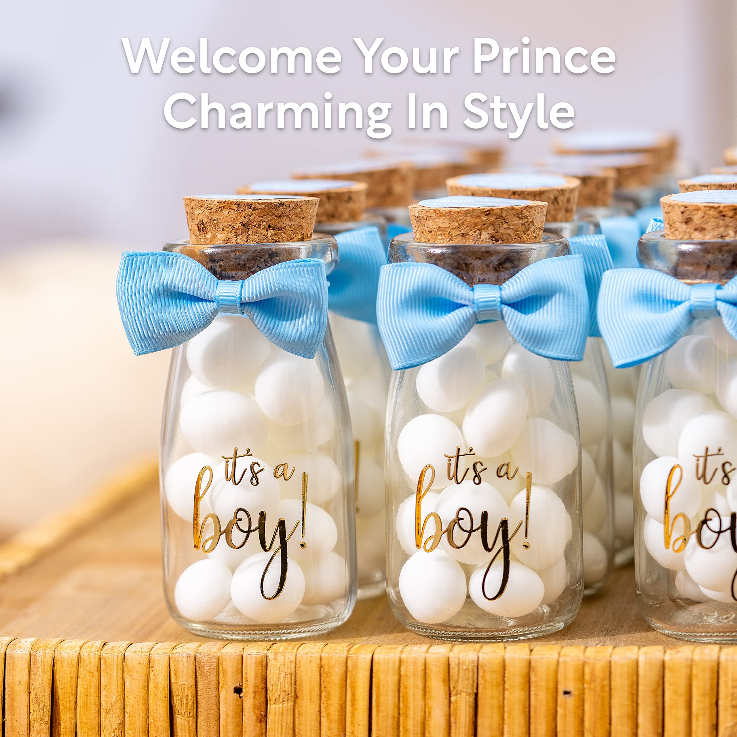 Ethisa 96 Pack It'S A Boy Milk Glass Bottles With Ribbons And Stickers - Vintage Baby Shower Favors For Guests And Table Centerp